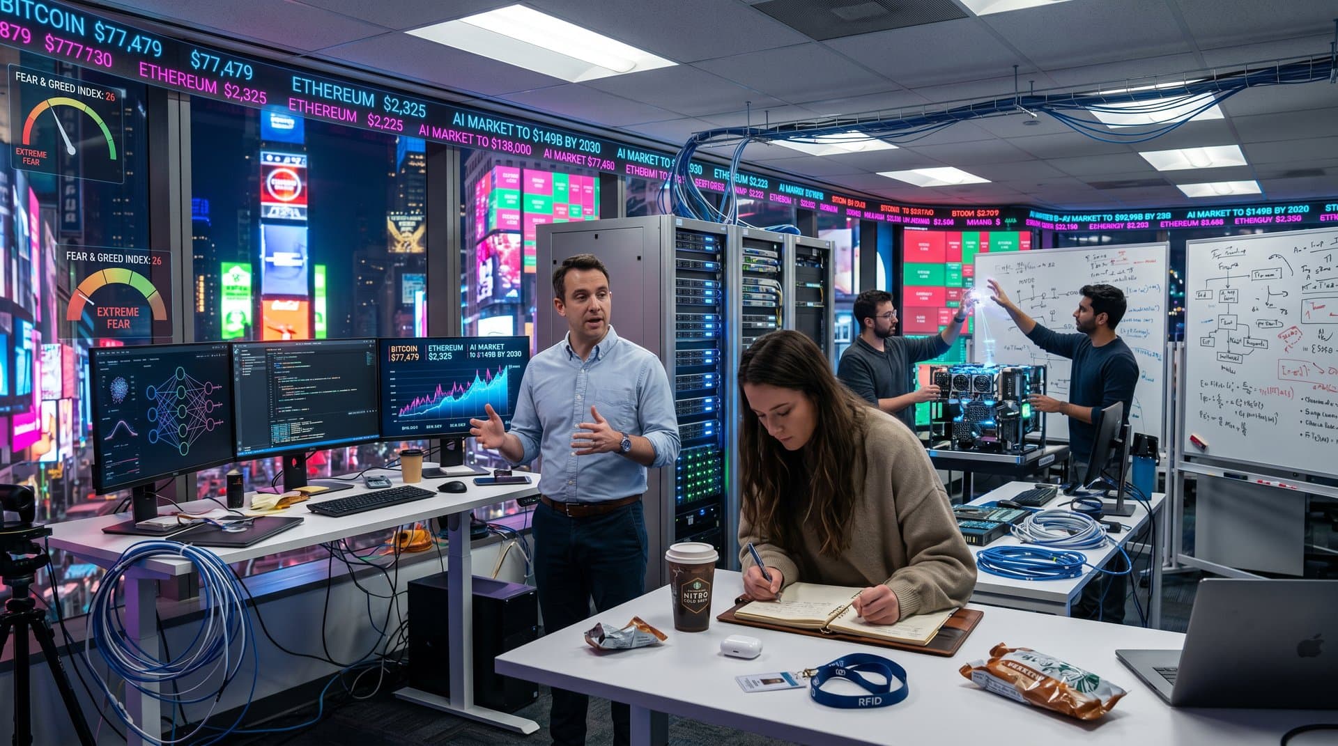 AI lab with engineers viewing neural networks on monitors amid servers and collaborative workspace (78 chars)