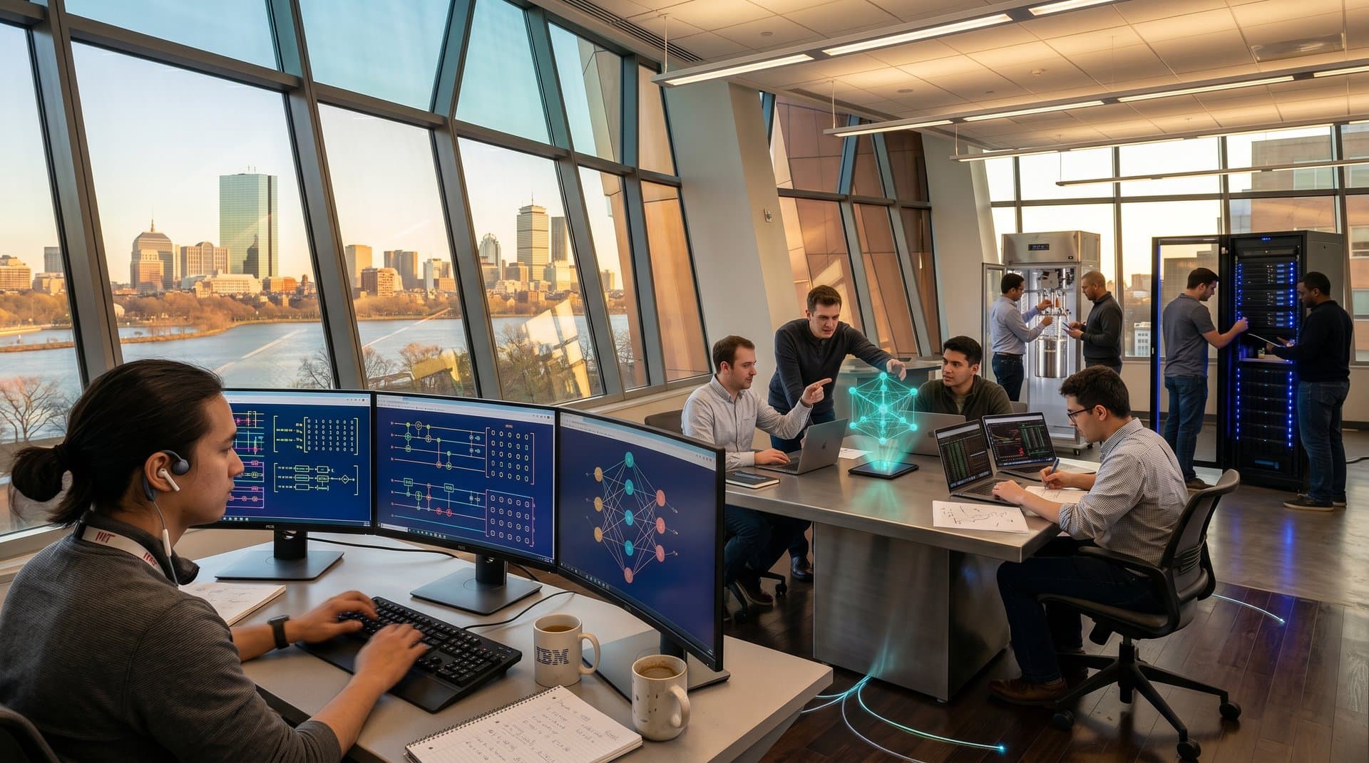 Researchers collaborate at workstations with quantum circuit screens and cryogenic equipment in a modern MIT lab