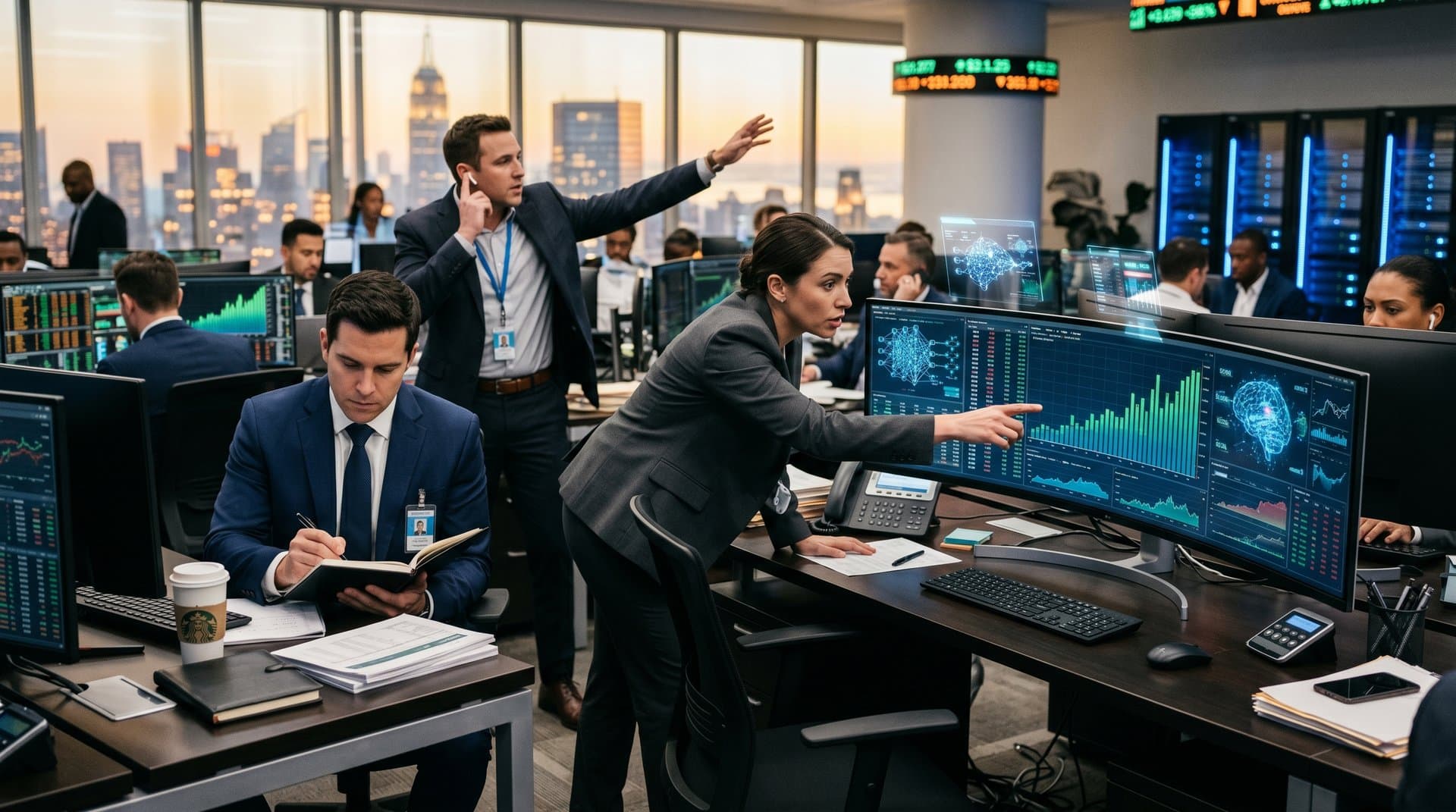 Nasdaq trading screens showing AI stock charts and growth metrics in a modern financial hub with skyline view