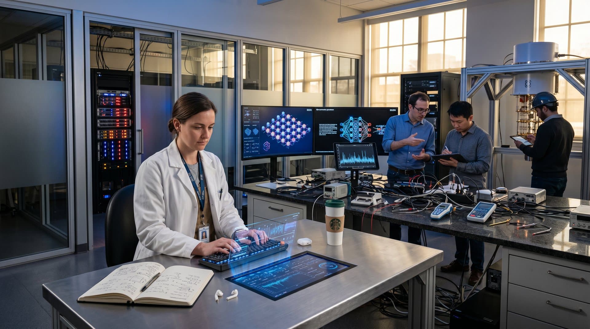 Quantum computing lab with cryogenic panels, qubit simulation screens, and supercomputer racks in modern research center