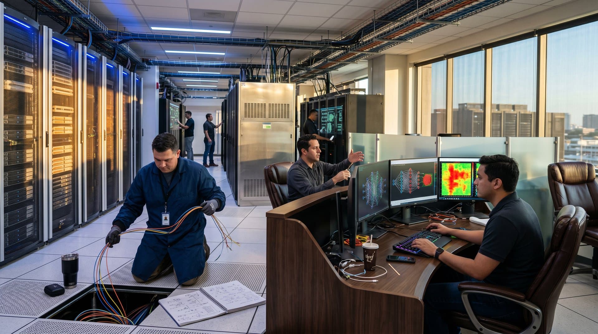 Cybersecurity engineers monitor AI threat displays amid server racks and fiber cables in a bustling Tier IV data center with modern lighting and consoles