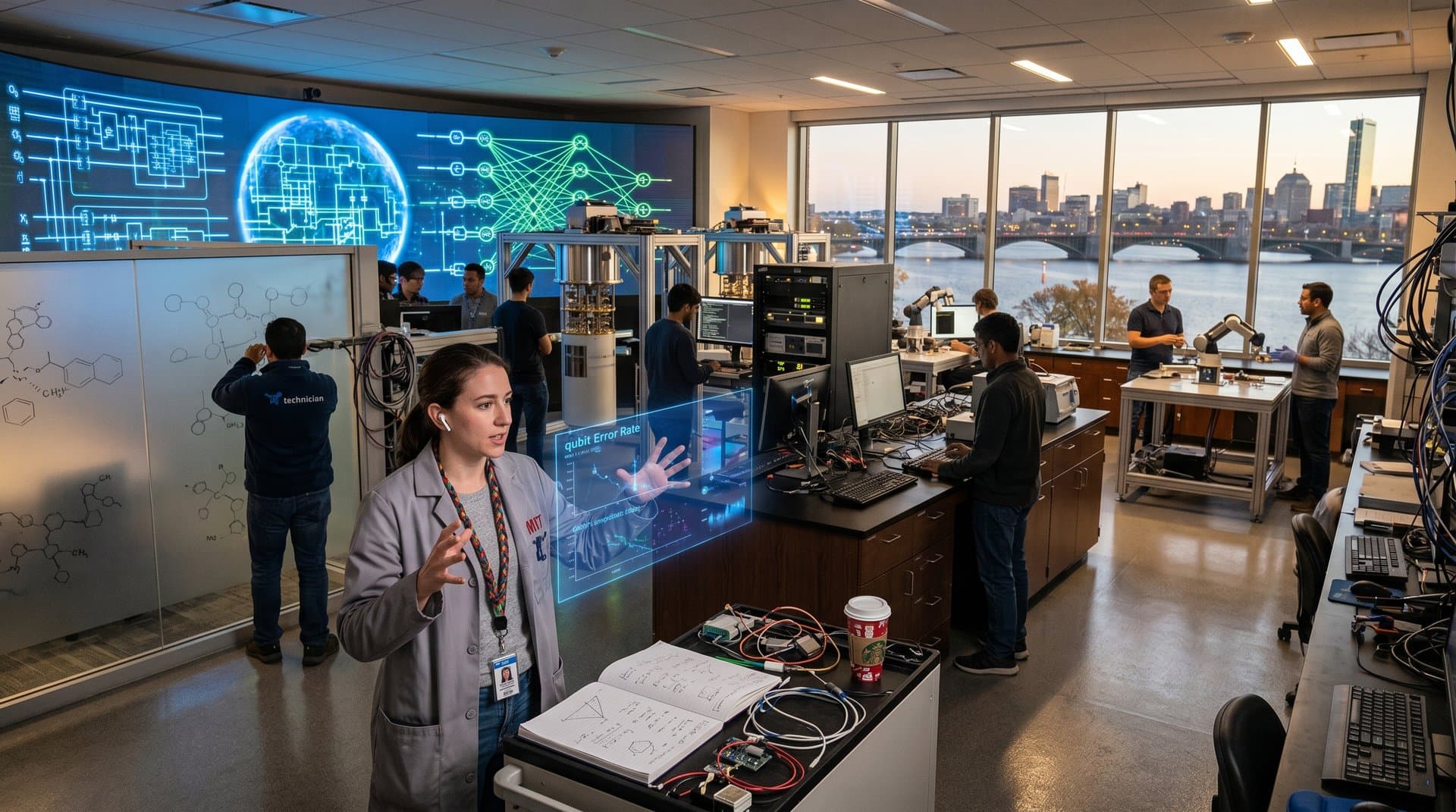Quantum circuits and AI models on OLED displays in modern lab with server racks and cryogenic panels