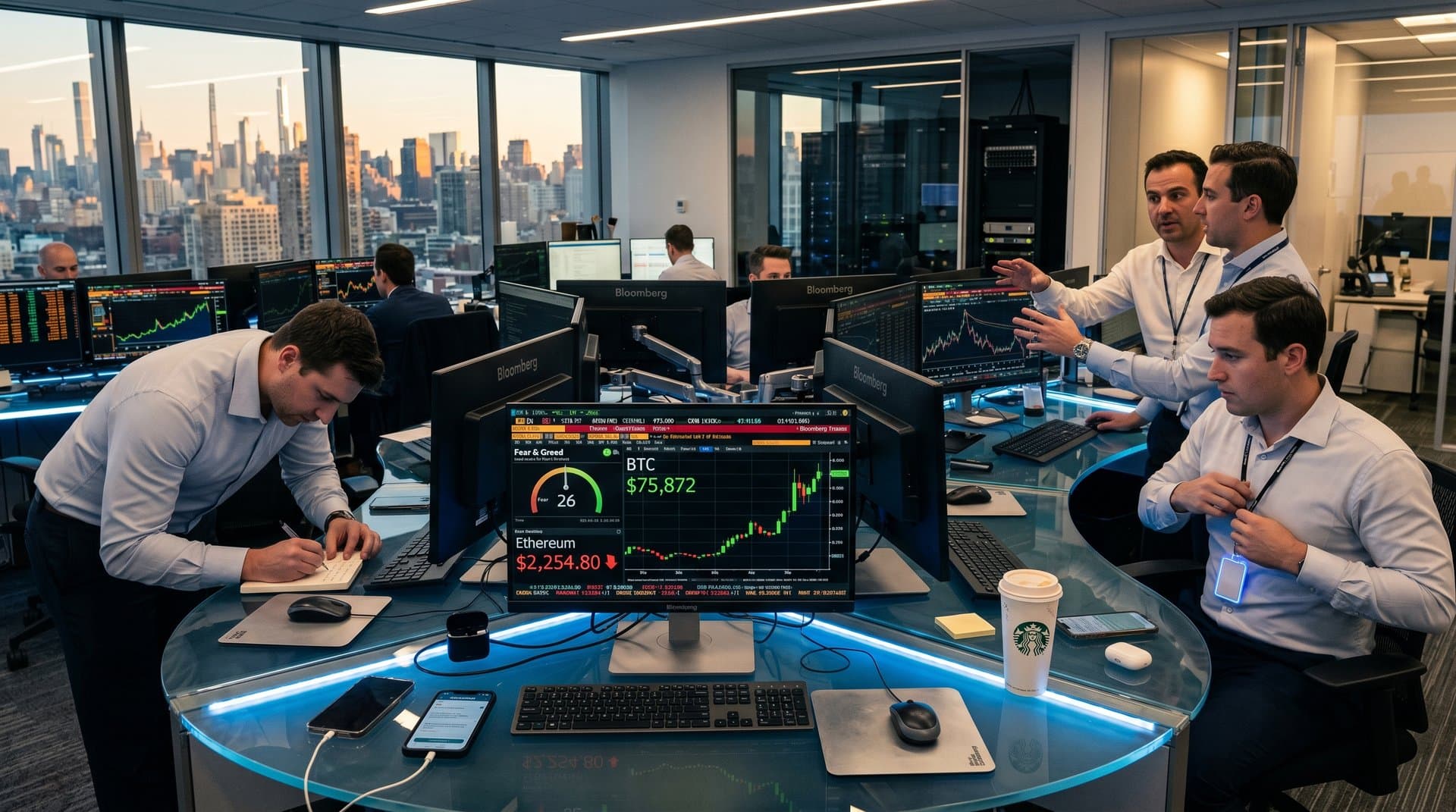 Trading floor screens show BTC at $75K, Fear & Greed 26, MarketBeat cryptocurrency stocks, and post-halving volatility charts