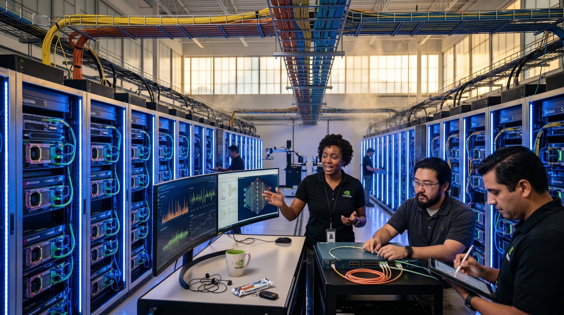 Engineers monitor AI workloads amid GPU racks in advanced data center with cooling and LED lights (78 chars)