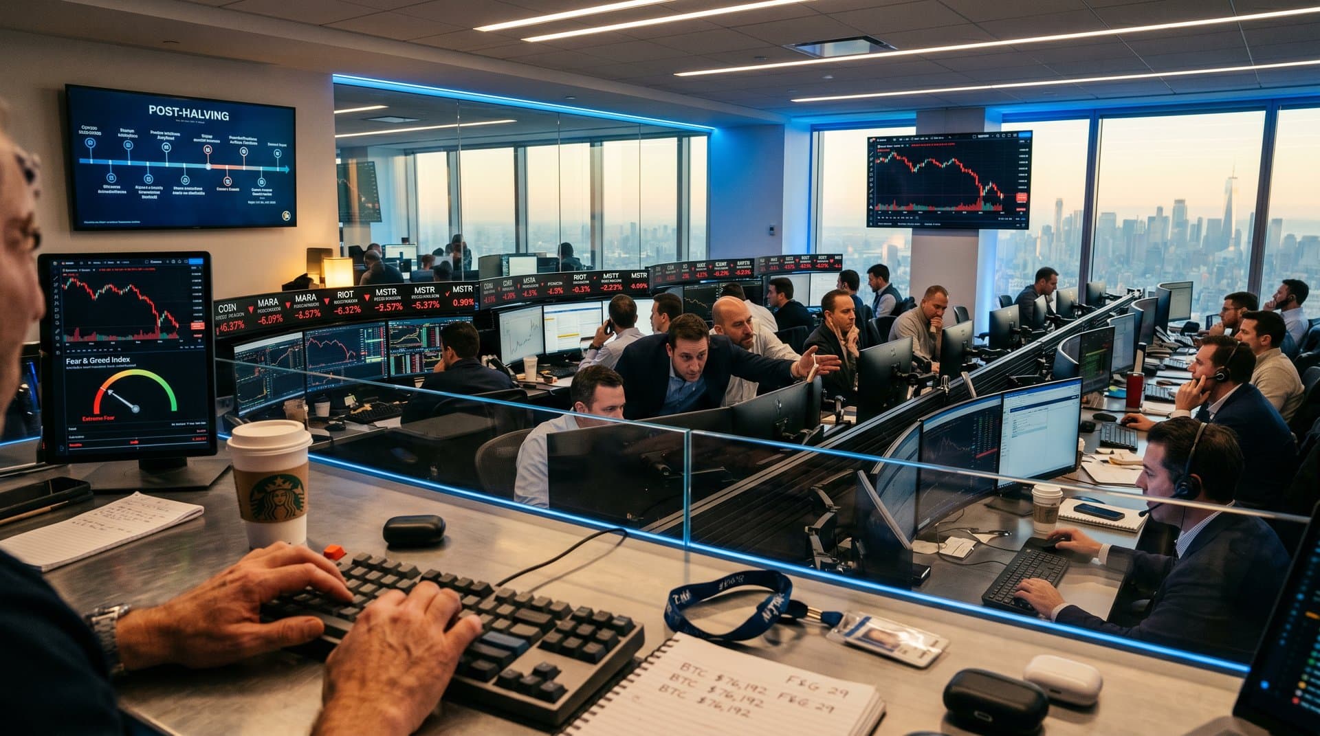 Trading screens display BTC at $76K, Fear & Greed at 29, cryptocurrency stock charts, and MarketBeat watchlist on financial desk