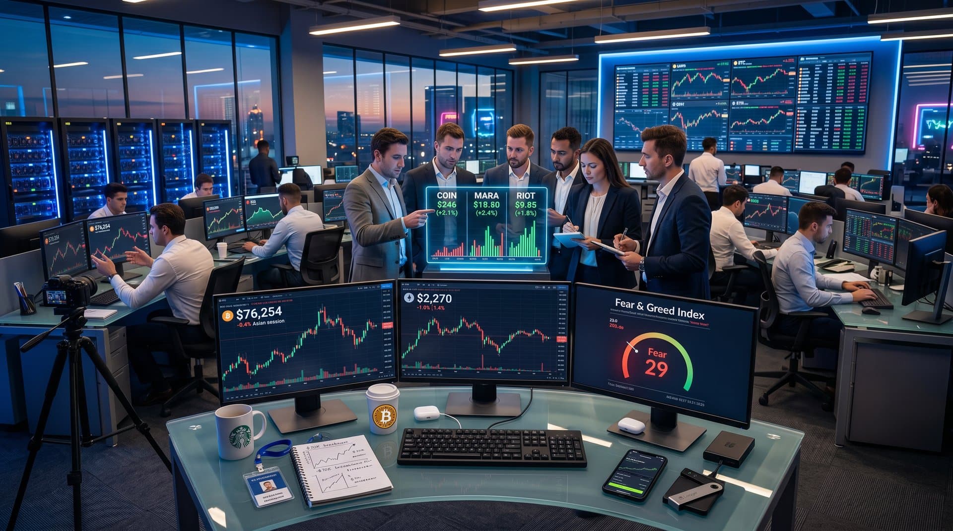 Trading screens showing Bitcoin at $76,254 USD, Fear & Greed Index at 29, and cryptocurrency stock charts