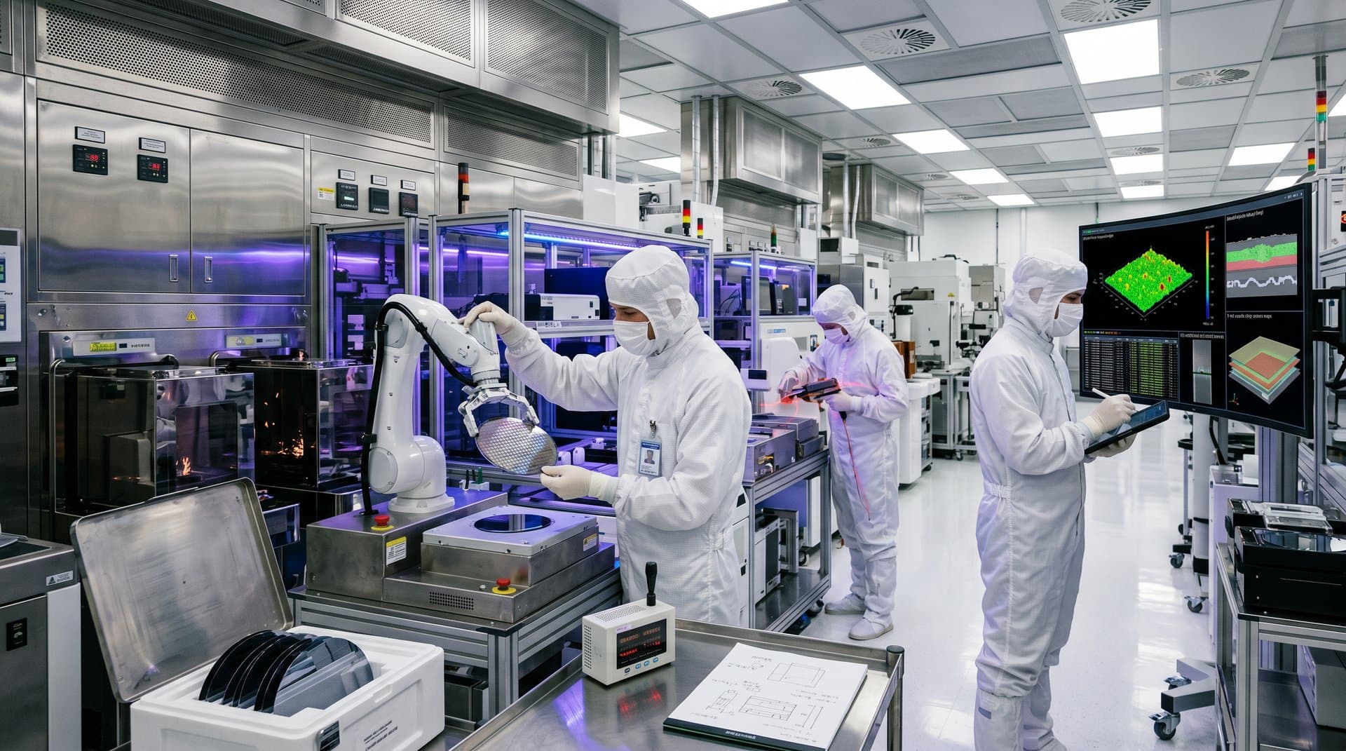 Semiconductor cleanroom with robotic wafer inspection and AI chip defect monitoring screens
