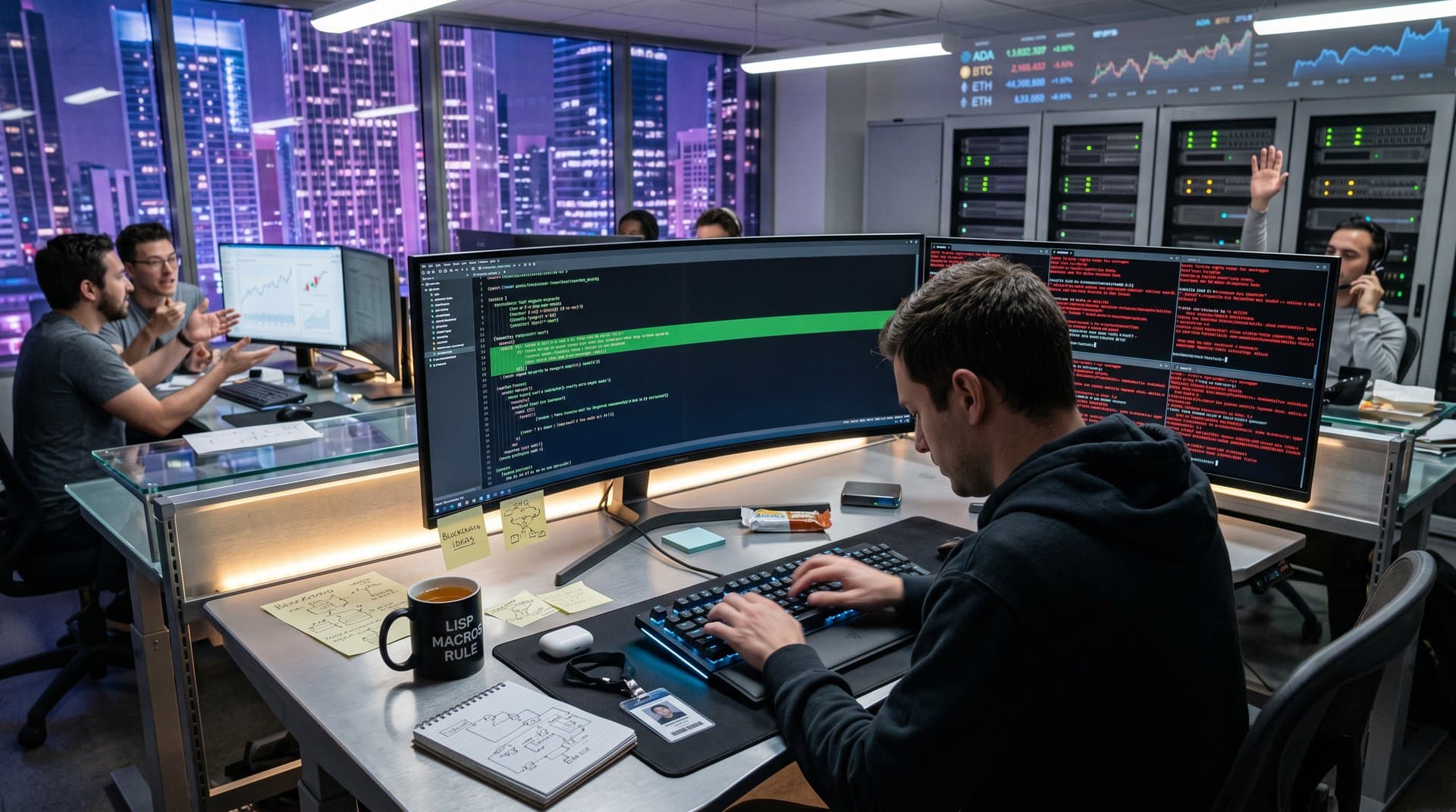 Coding setup with Scheme REPL, Haskell code, financial charts, and tech lab elements