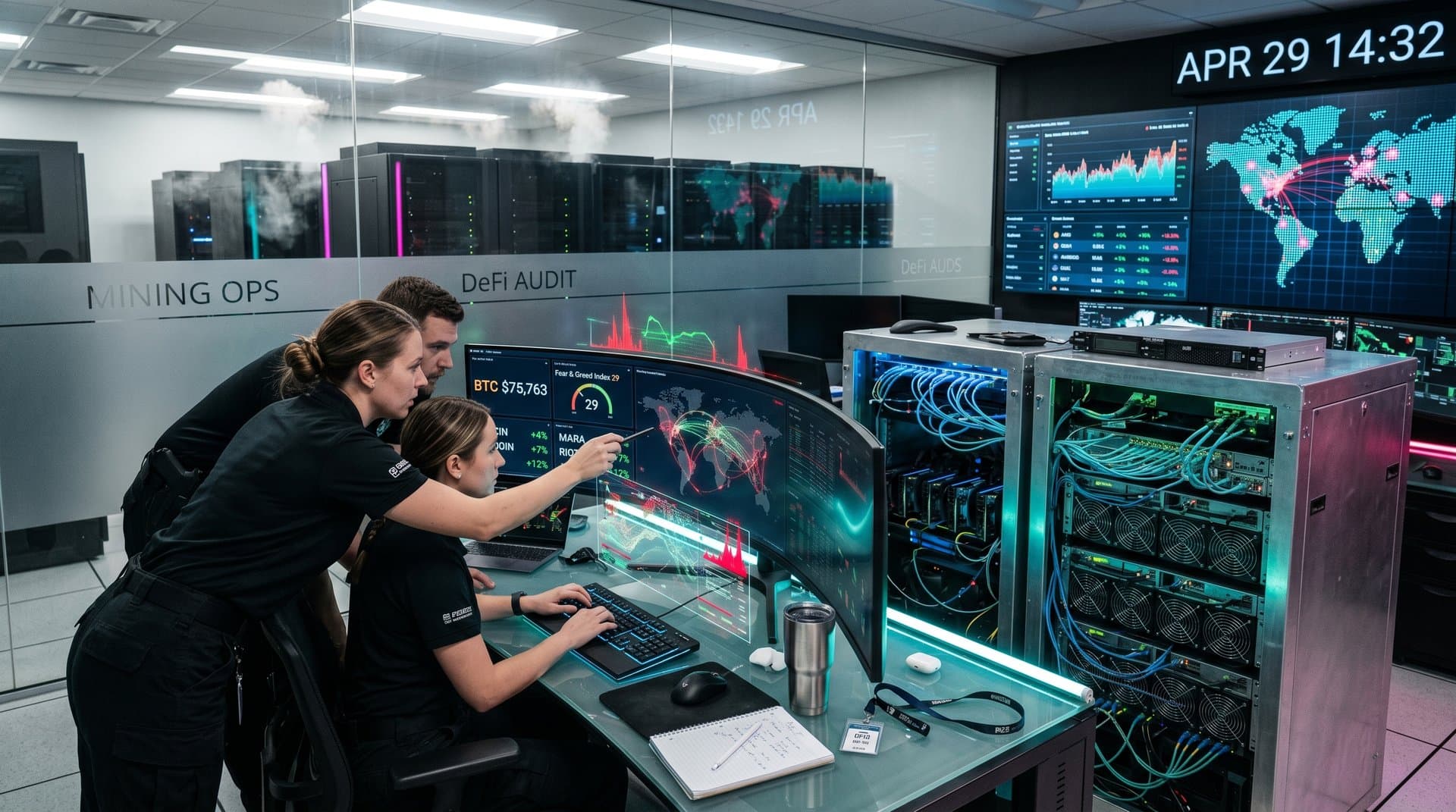 Cybersecurity team monitors crypto networks in secure data center with server racks and threat displays