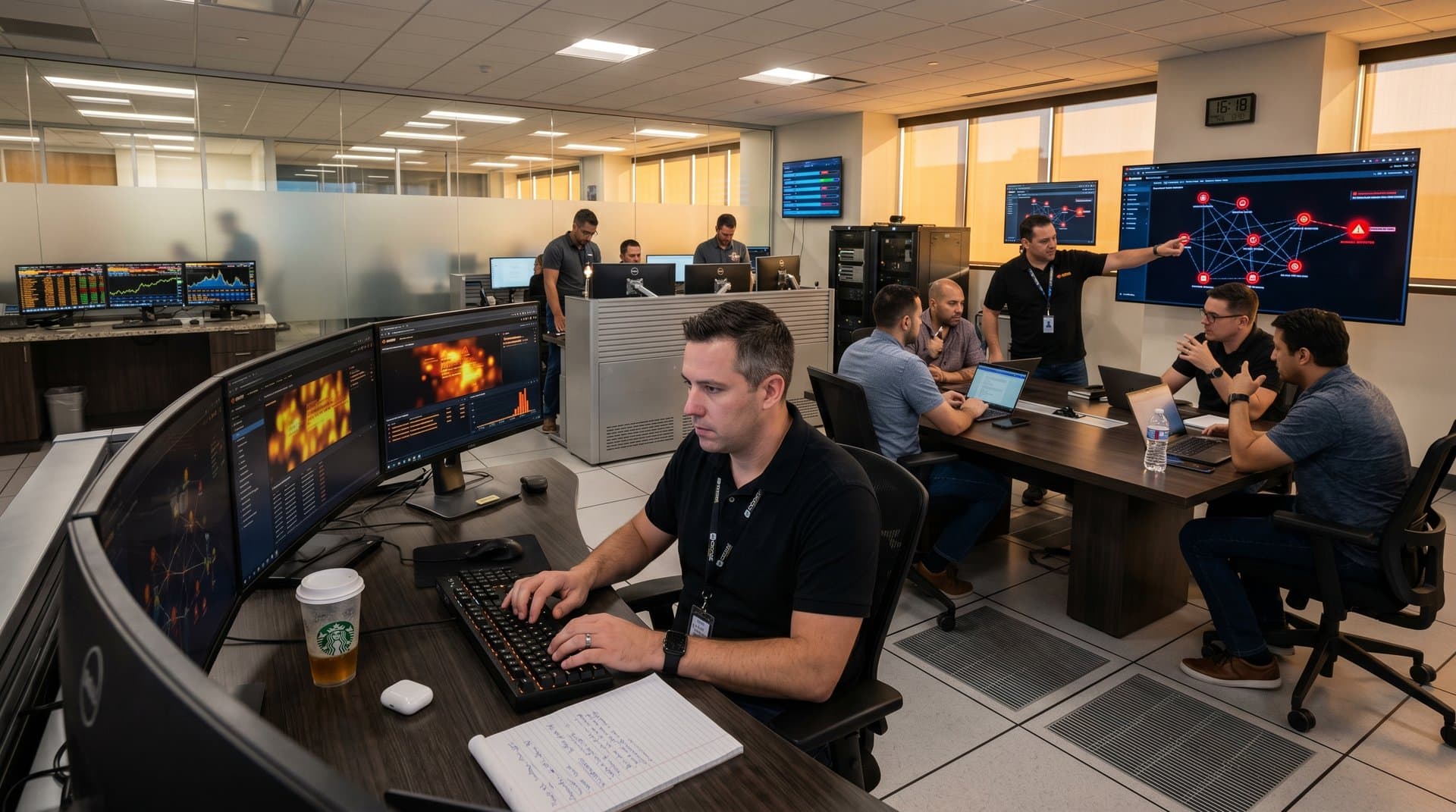 Cybersecurity team analyzes AI-powered threat maps on multi-monitor arrays in high-tech SOC with glowing displays and collaborative huddle
