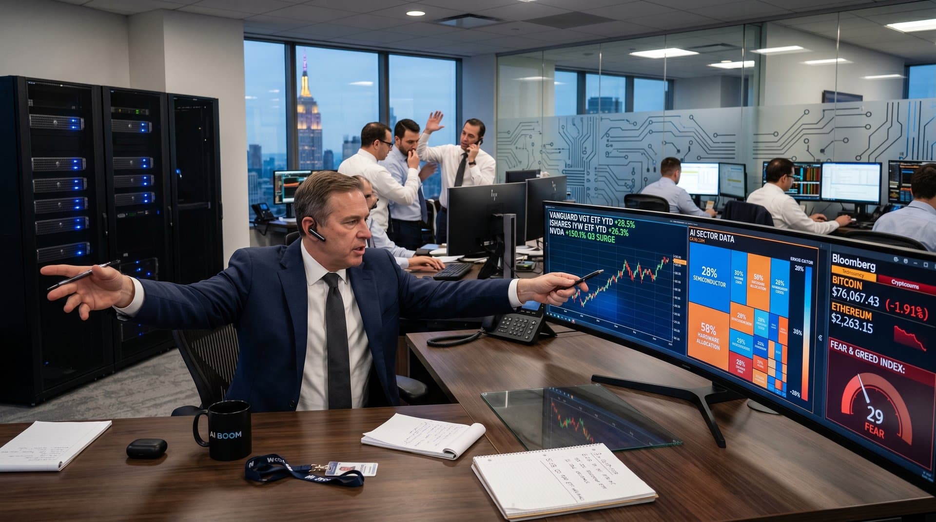 Trading screens show VGT, IYW ETF charts and AI stocks in modern finance office