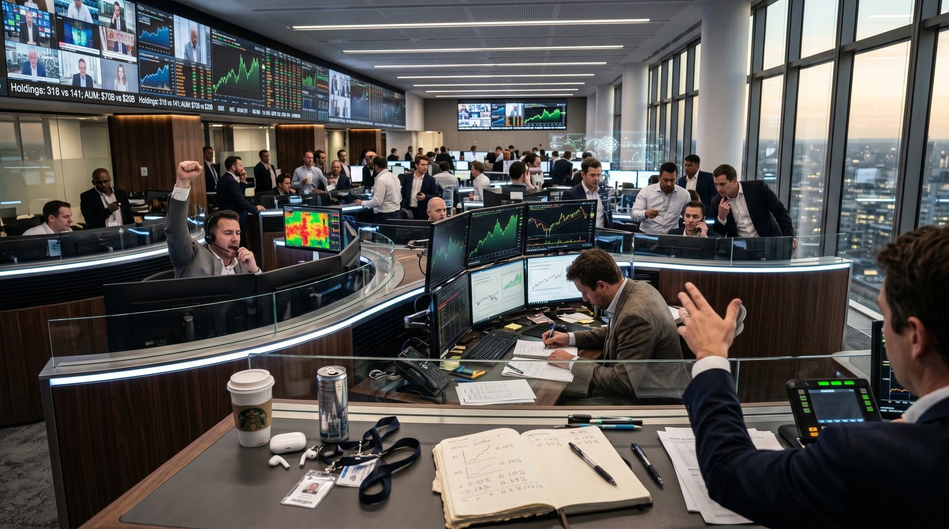 Trading floor with screens showing VGT and IYW ETF charts, candlestick graphs, and tech stock data