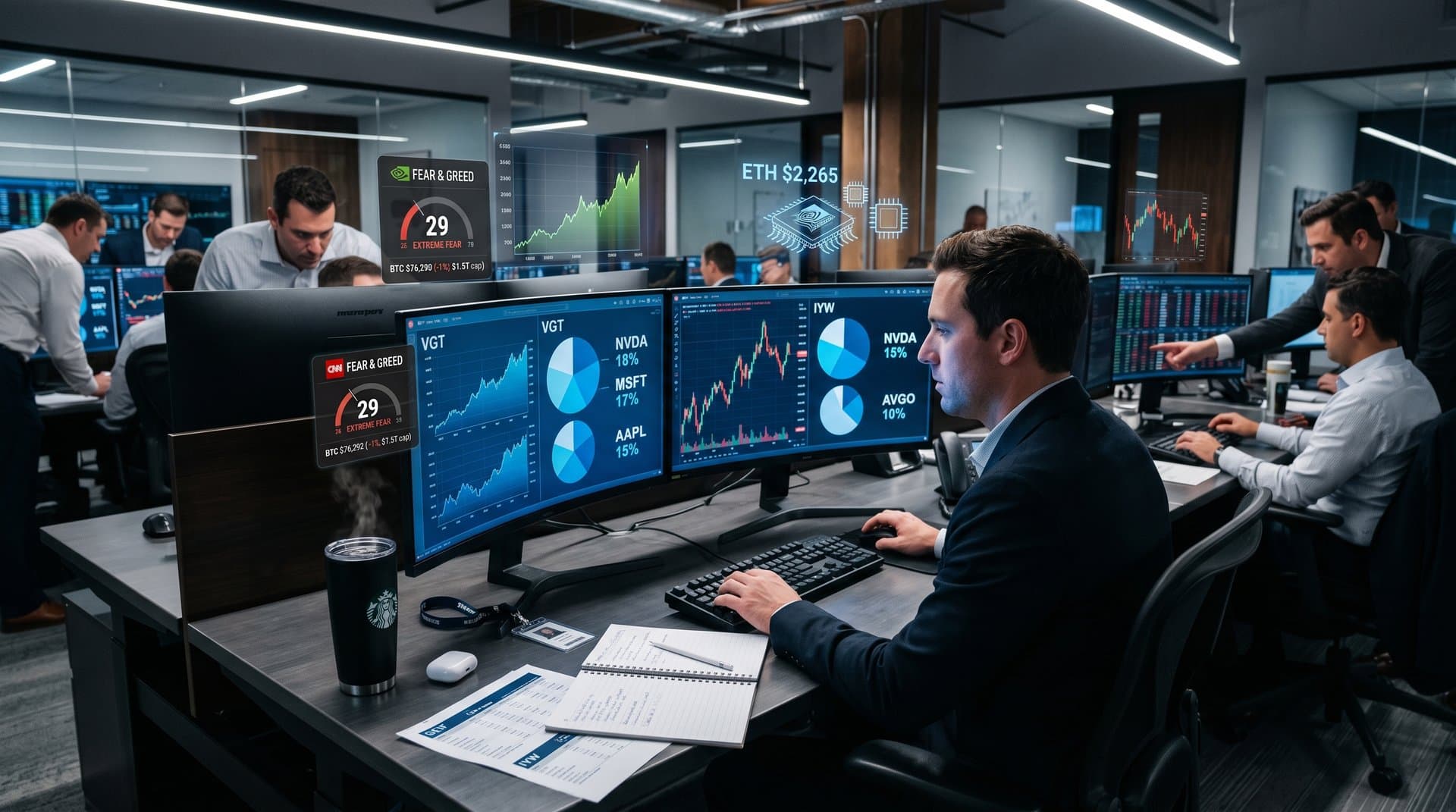 VGT vs IYW ETF comparison charts on dual screens with Fear & Greed at 29, Bitcoin $76K in high-tech trading desk setup