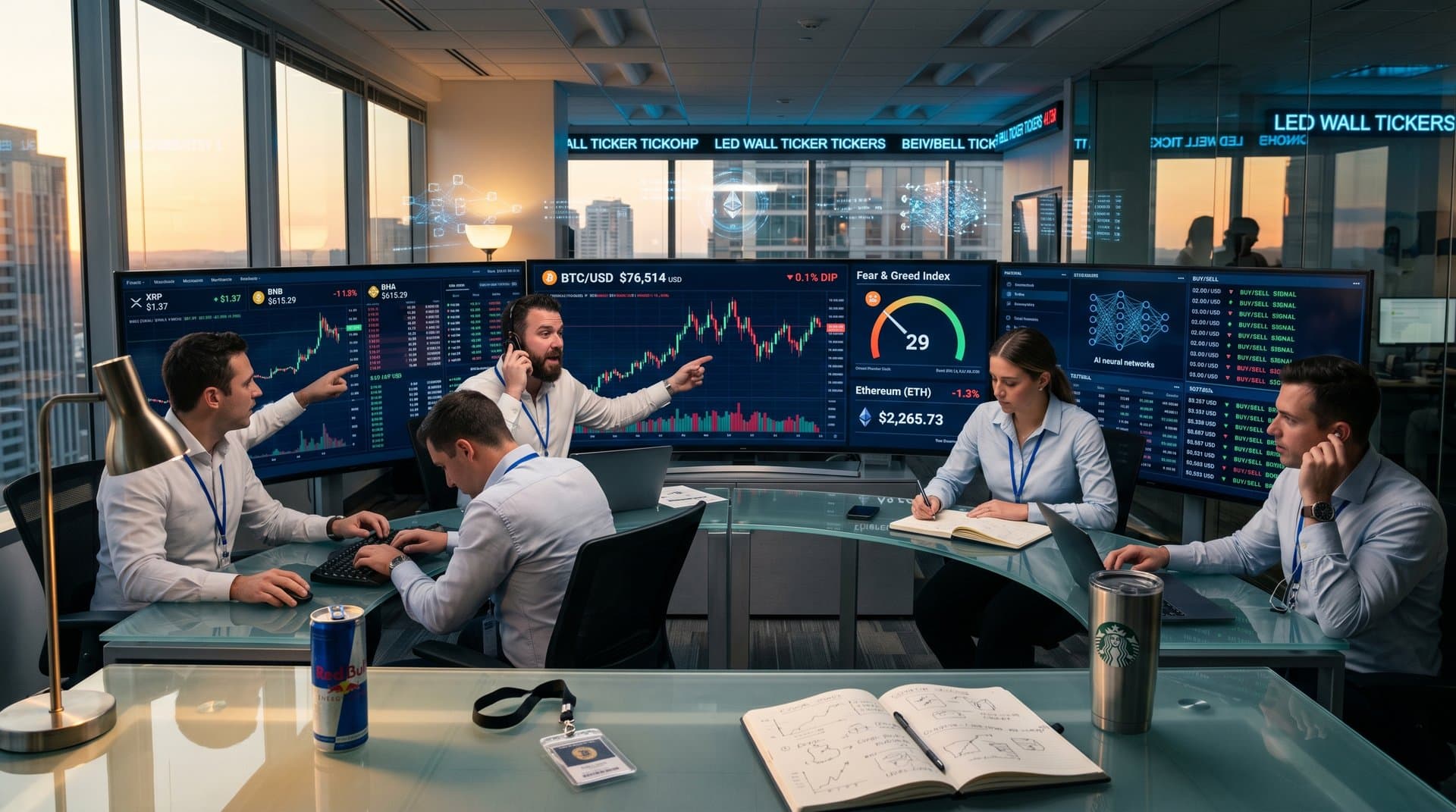 Trading screens show AITRADEBTC platform charts with BTC at $76,514 USD, Fear & Greed at 29, and crypto volatility data