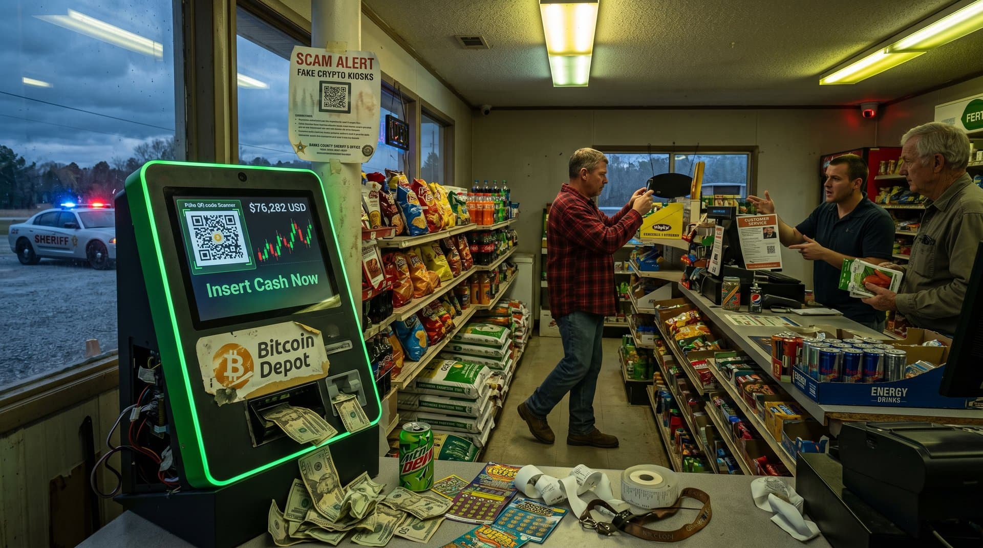Fake crypto kiosk in rural store displaying scam Bitcoin ATM screen