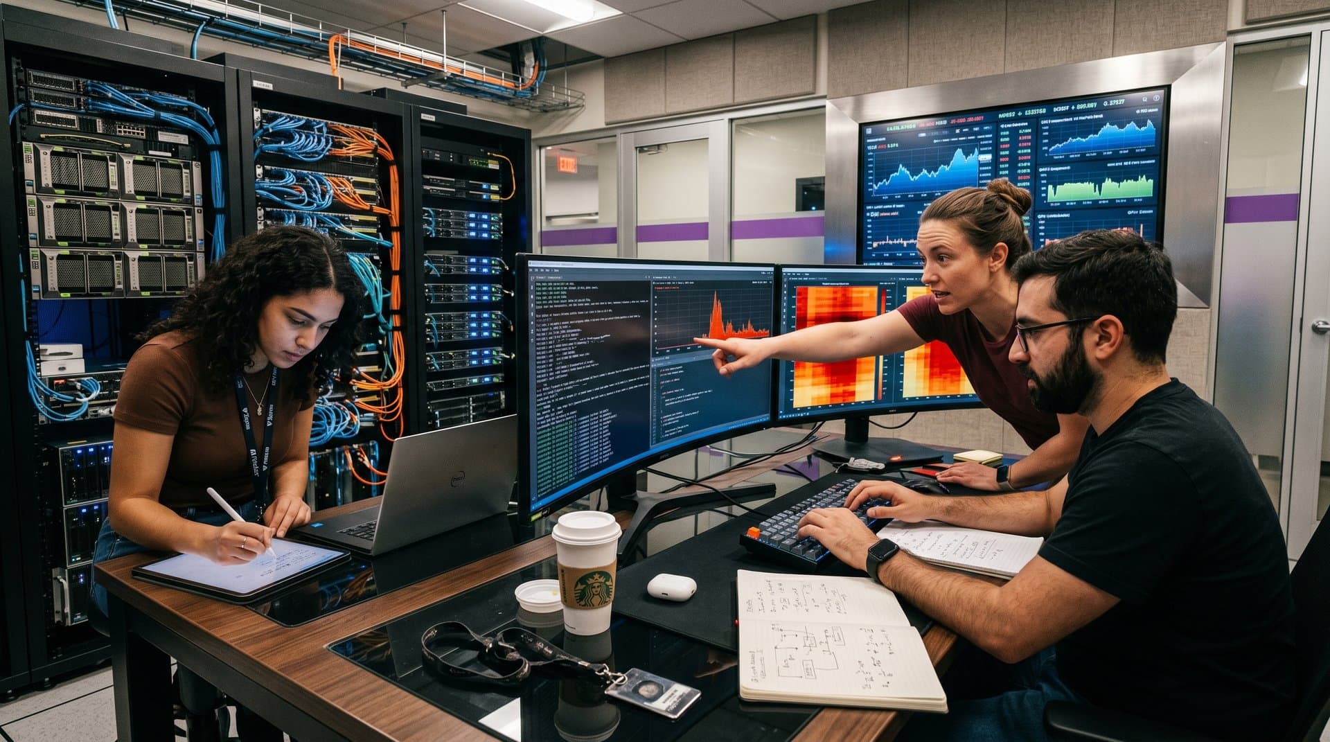 Developers analyze GCC 16 outputs on monitors in HPC lab with server racks and code notes