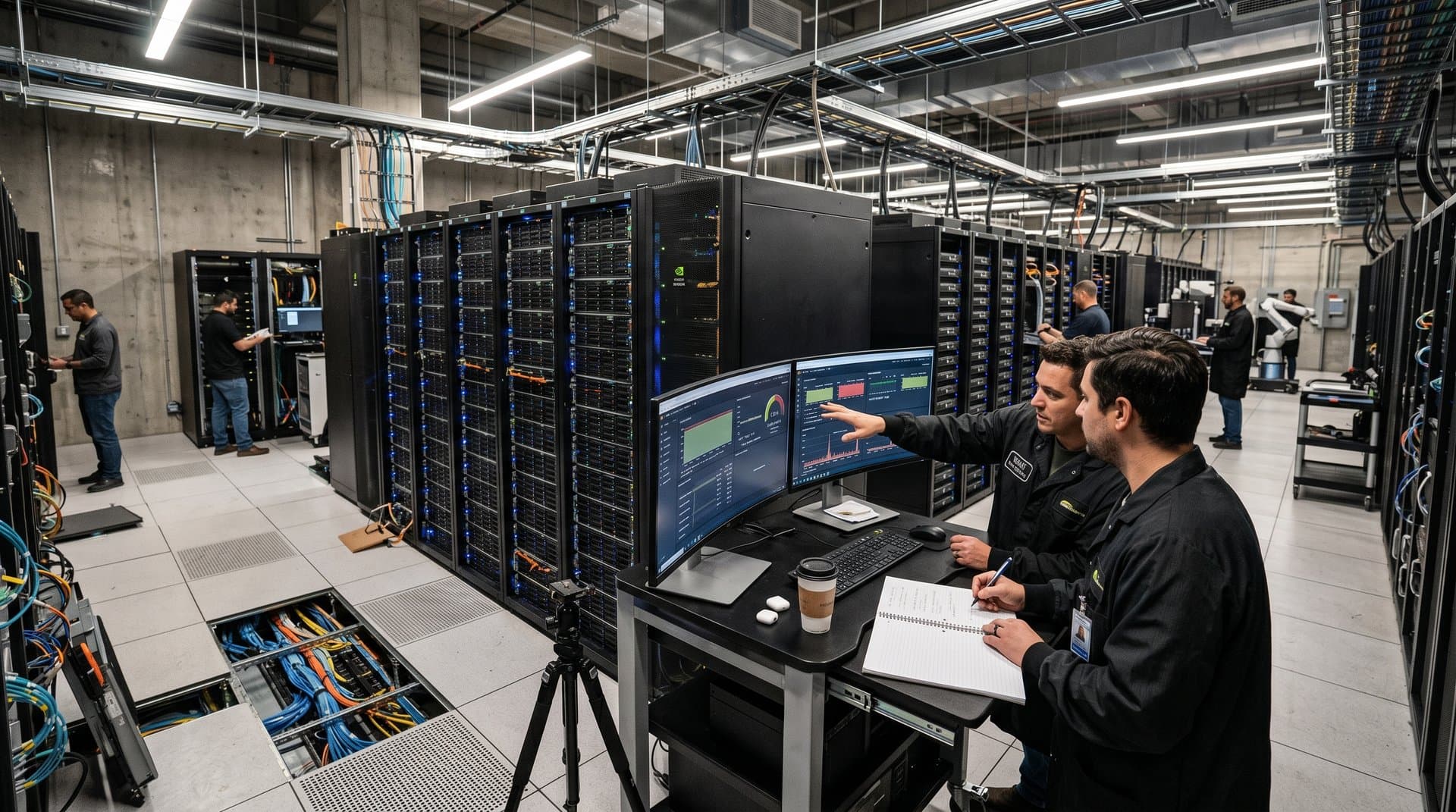 Liquid-cooled AI server racks and performance dashboards in a secure data center