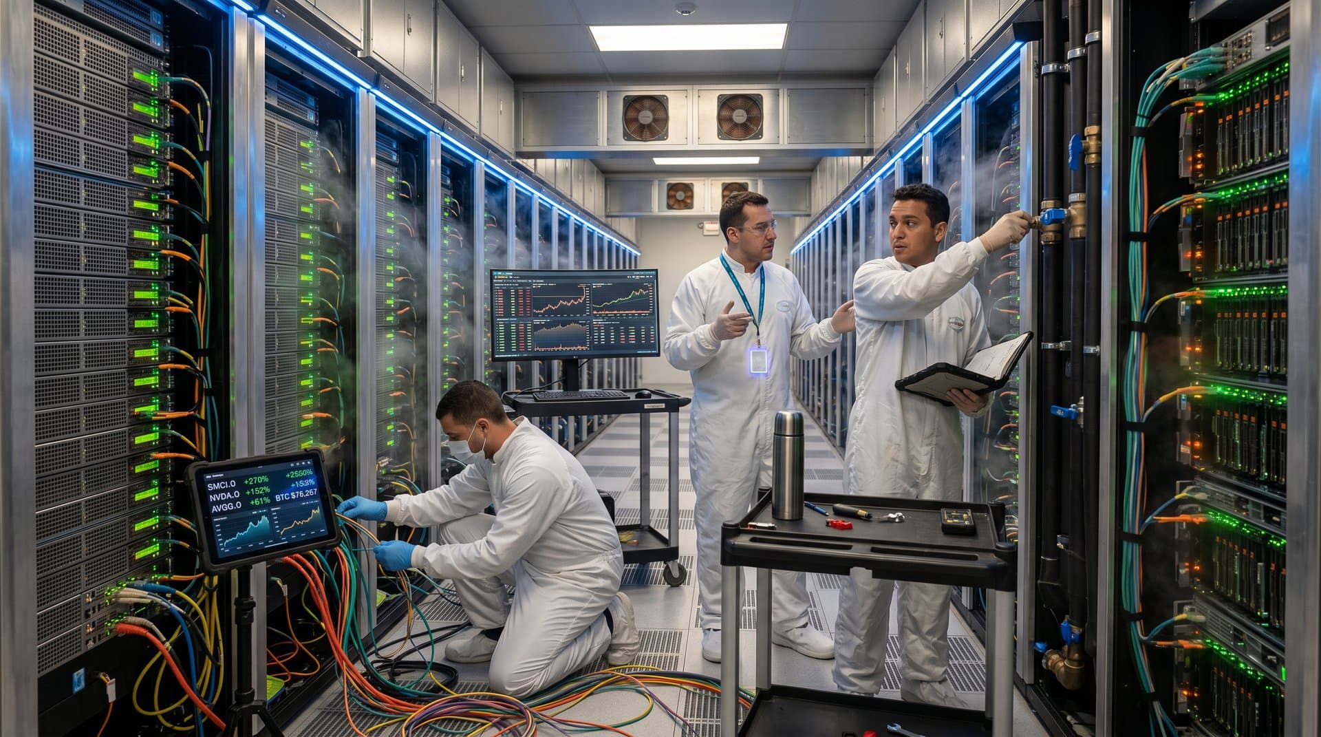 Server racks and engineer in AI data center with GPU monitors