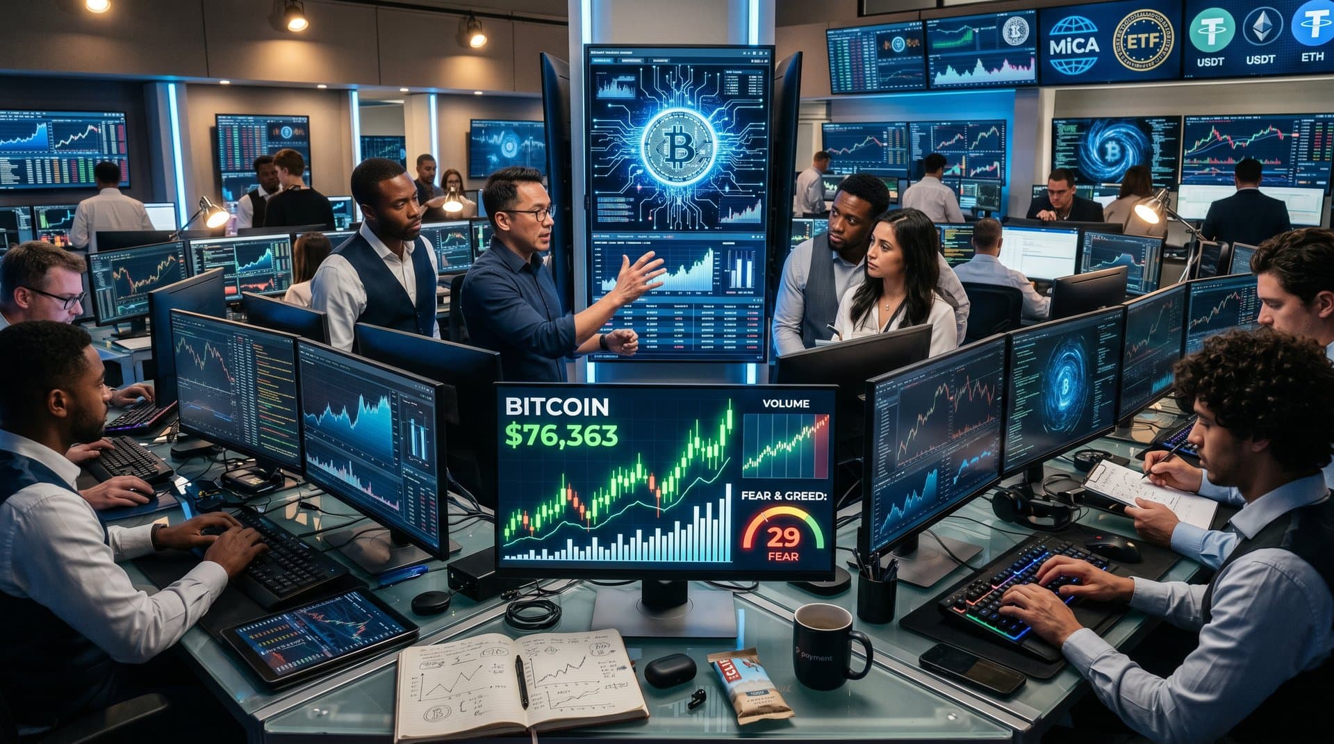 Abstract digital art of PayPal logo, Bitcoin chart at $76,363, and AI neural networks in a fintech fusion