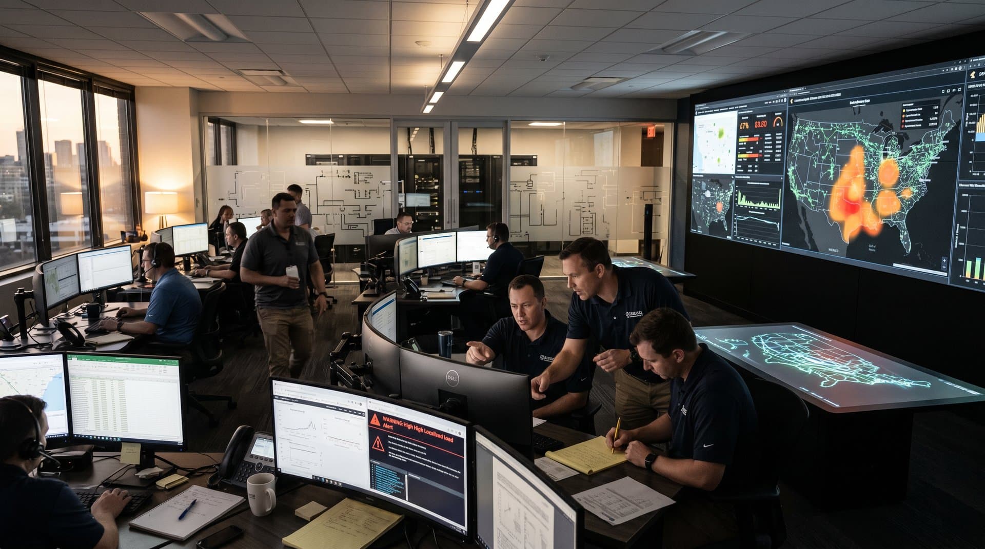 Power grid control room screens show cryptocurrency mining load spikes on national heatmap