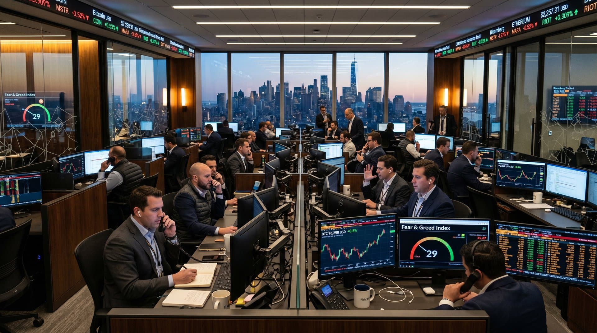 Trading floor screens display crypto charts, Fear & Greed Index at 29, BTC at $76,298 USD amid active market desks.