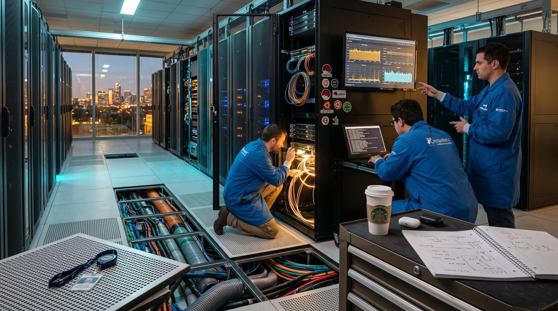 Engineers inspect Linux servers in Tier IV data center with racks, cooling, and kernel logs on monitors