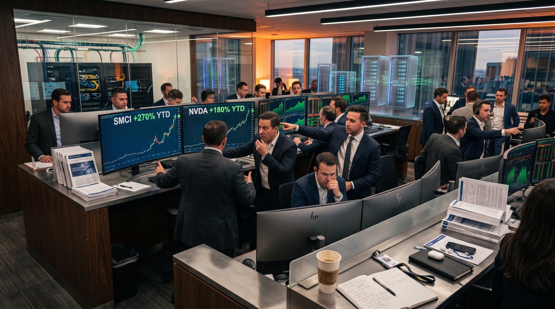 Trading screens show Super Micro Computer stock charts rising amid AI infrastructure data and Nvidia comparisons