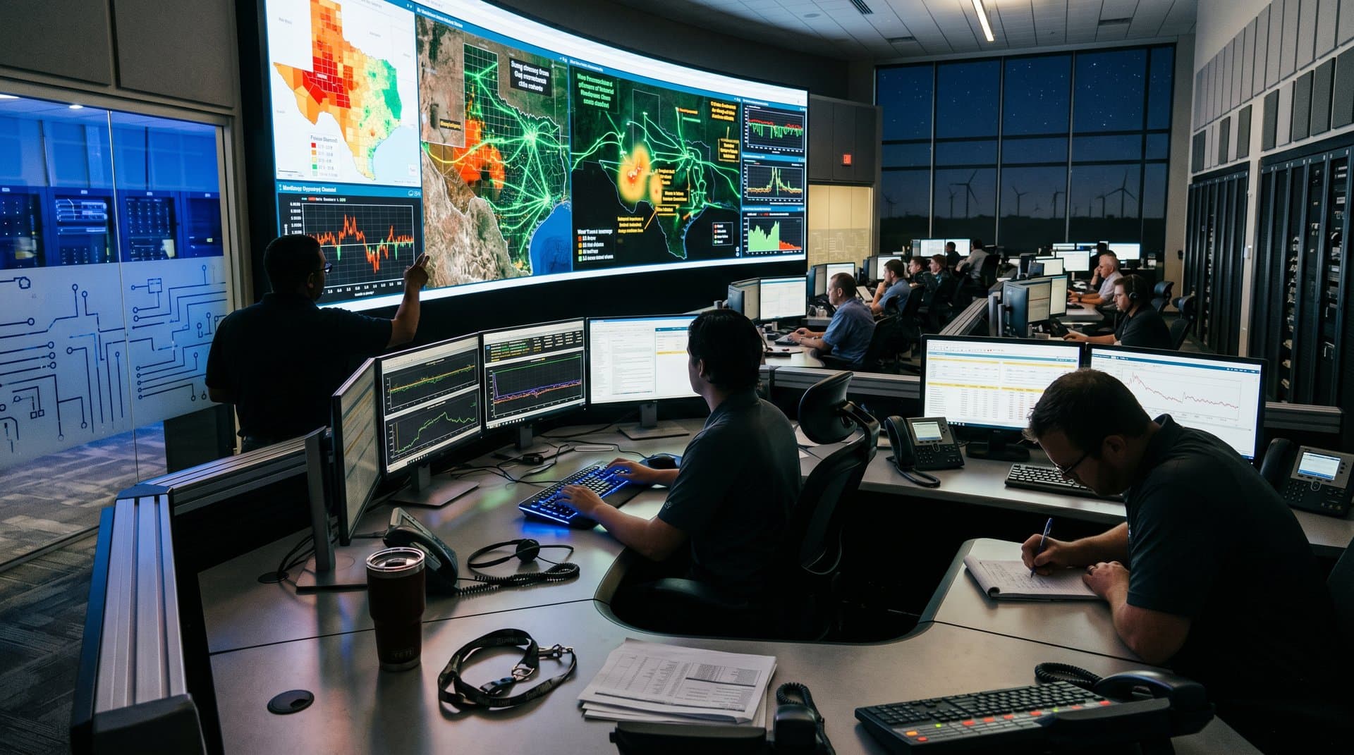ERCOT control center screens display grid loads and data center peaks amid operator consoles