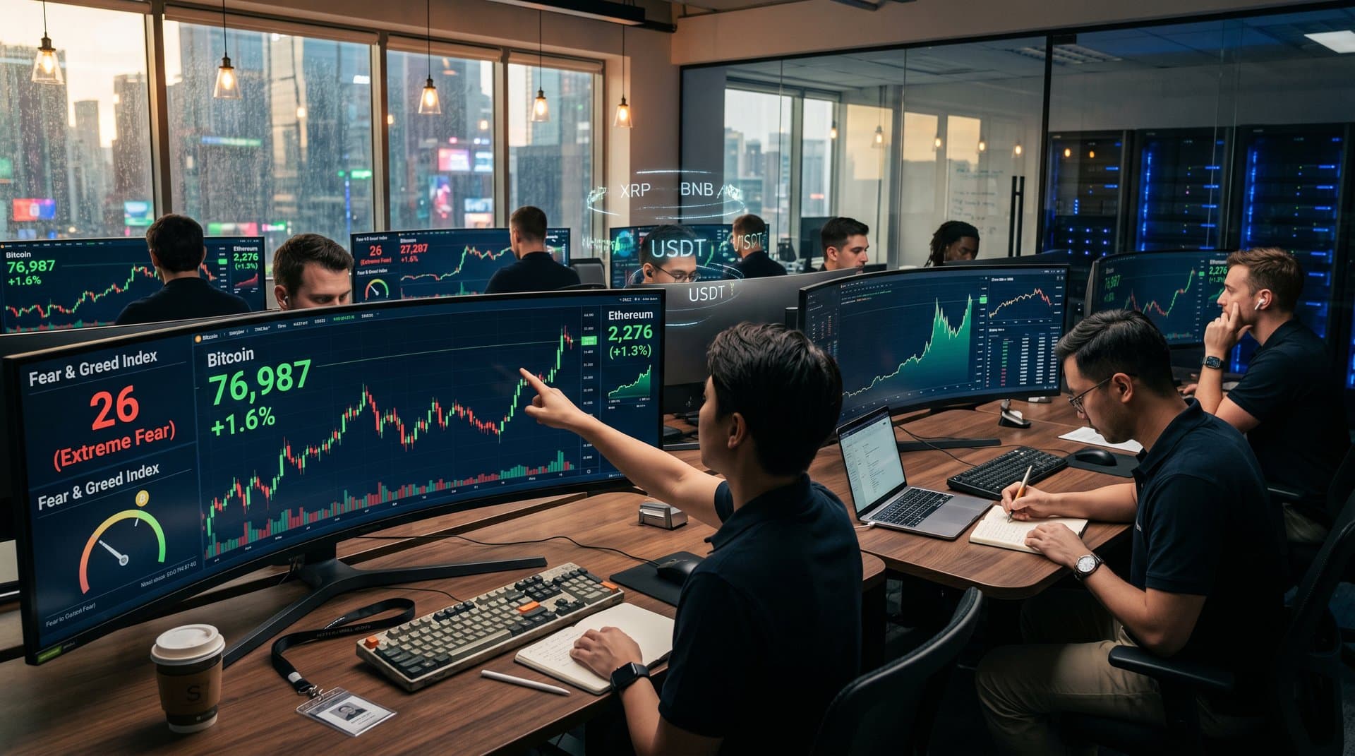Monitors showing Bitcoin charts at $76,987 and Fear & Greed Index on trading floor