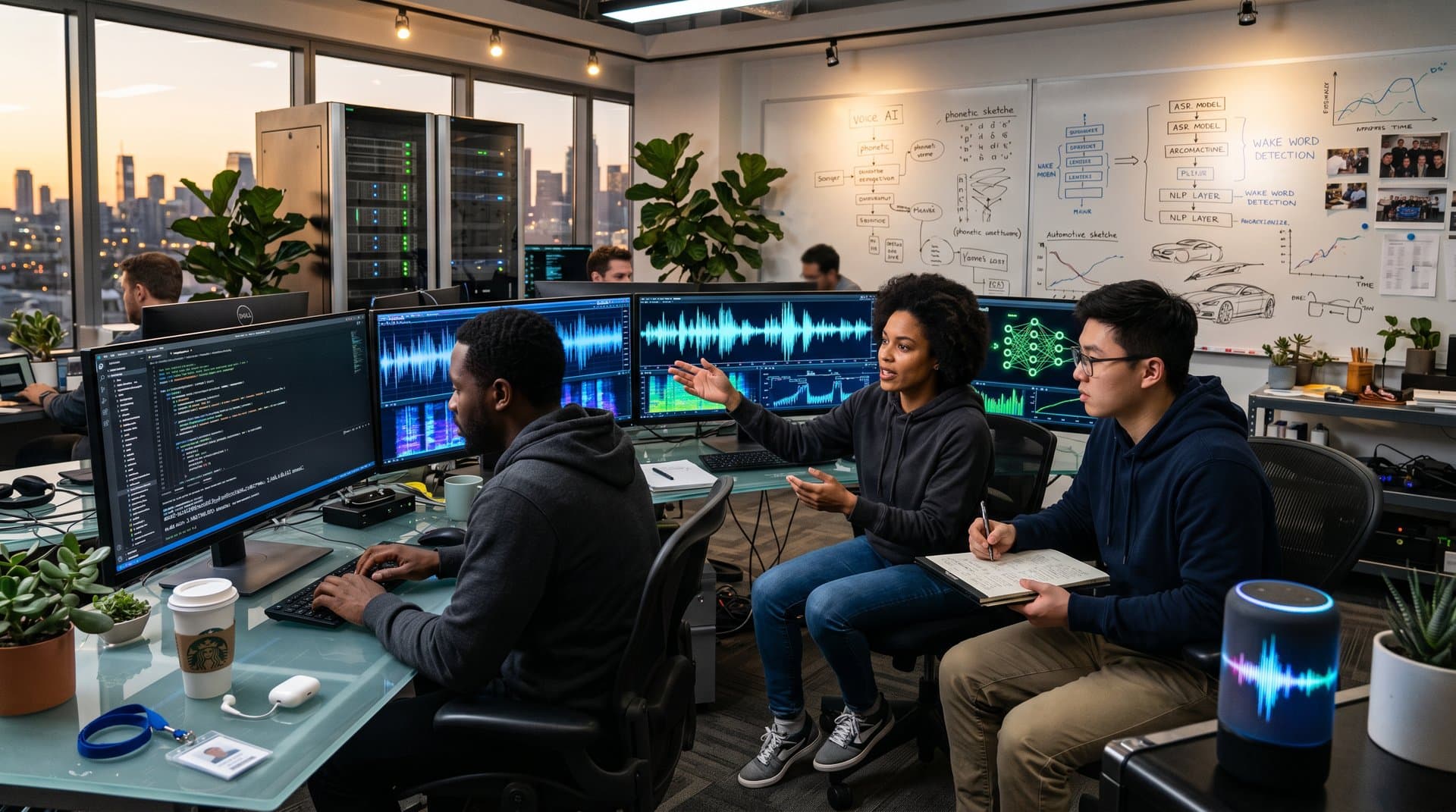 AI startup team collaborates on voice recognition models in high-tech office featuring monitors, servers, waveforms, and neural networks