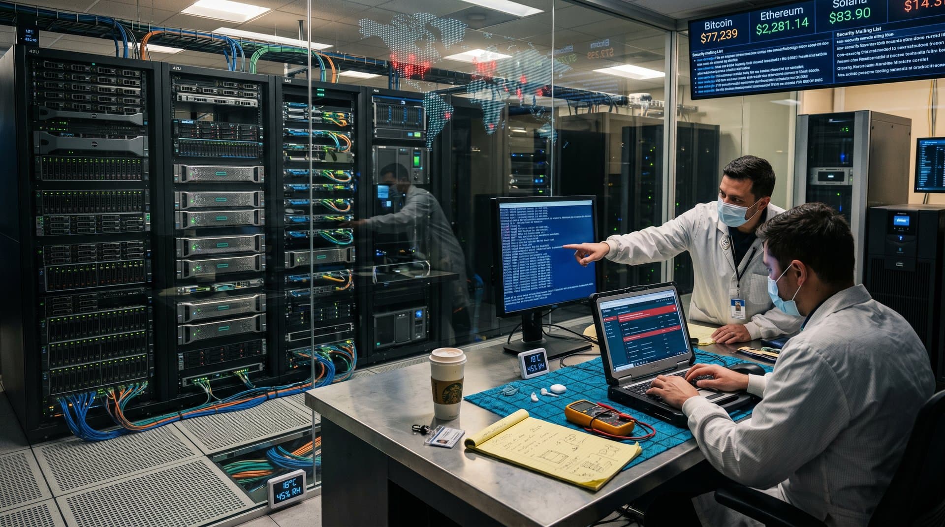 Server racks in data center with kernel logs on monitors amid cables and diagnostics