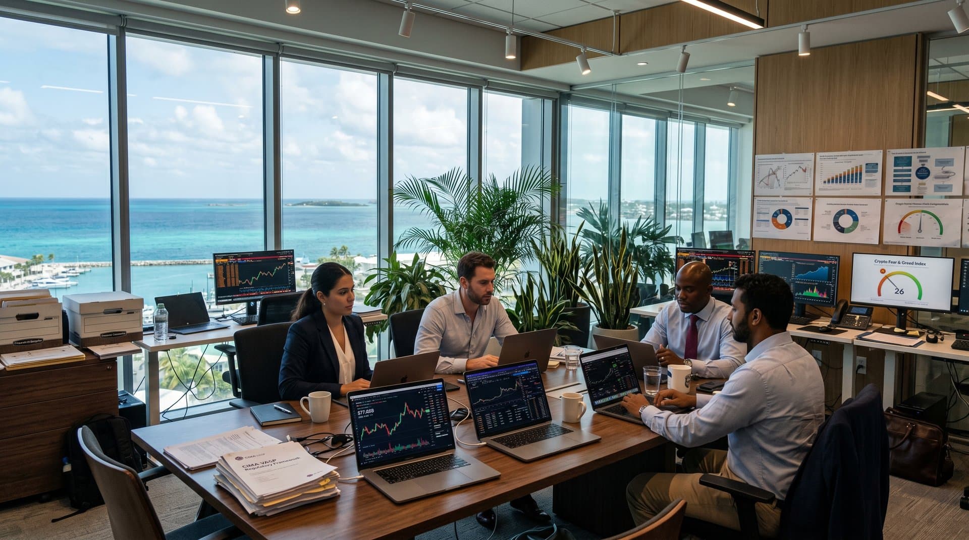 Cayman financial office with BTC charts, CIMA docs, and market data overlooking ocean