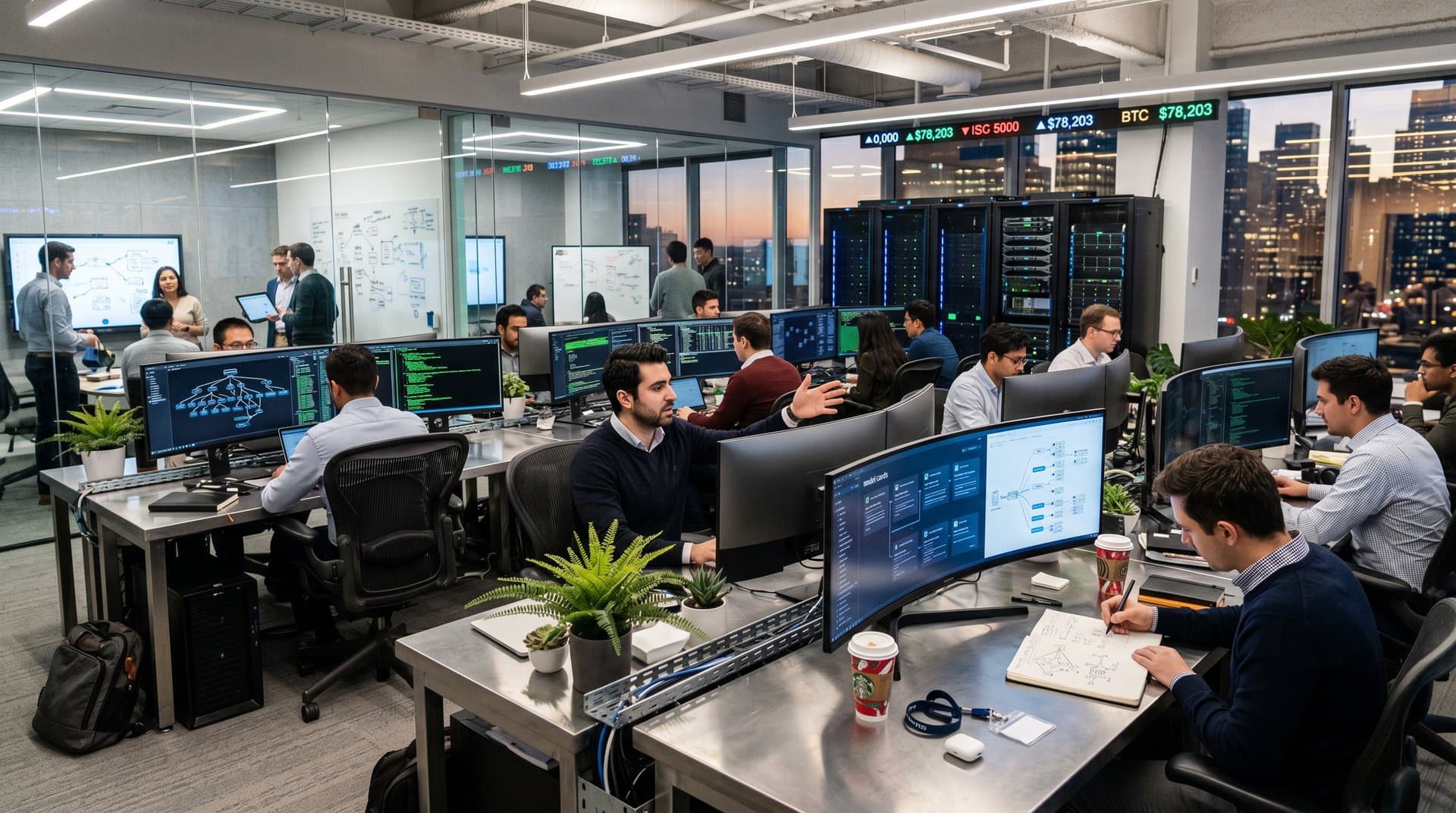 Tech lab with AI provenance graphs on monitors, GPU racks, and financial charts in background