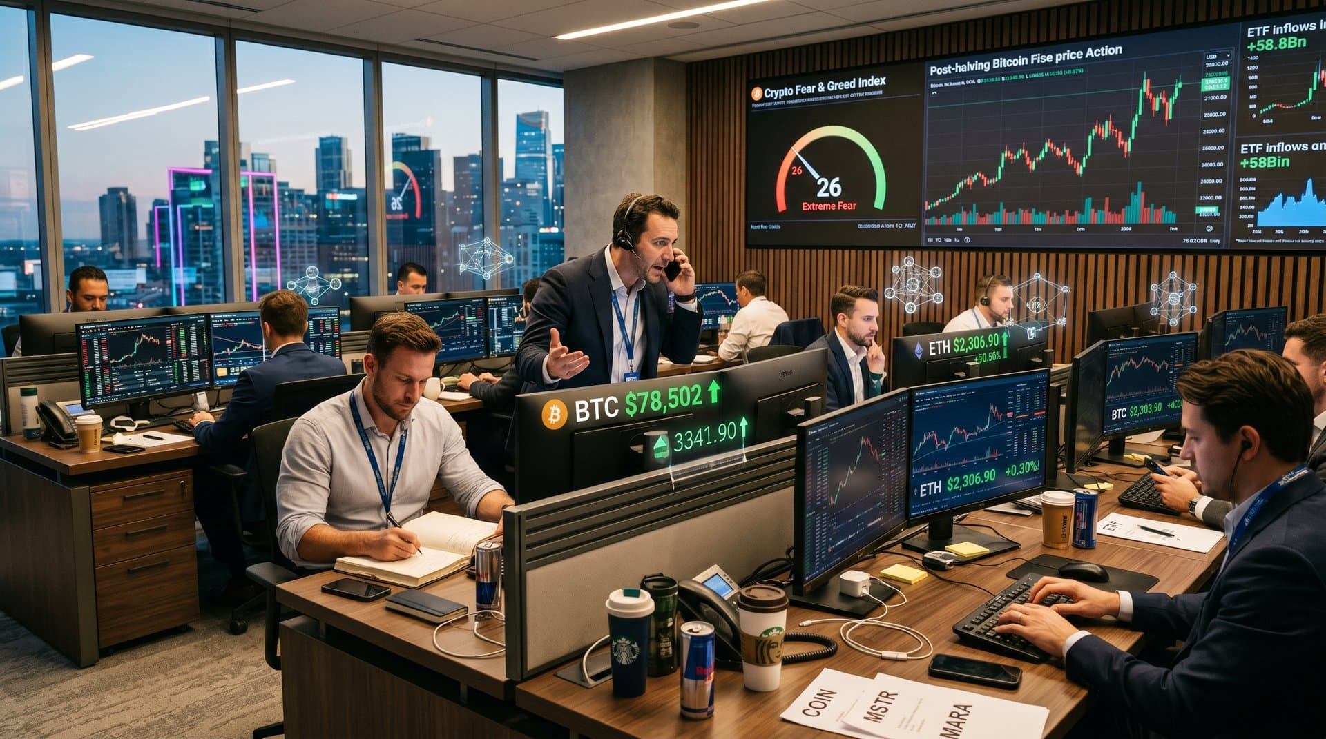 Trading floor monitors display cryptocurrency stocks and Bitcoin at $78,502 post-halving amid market data screens