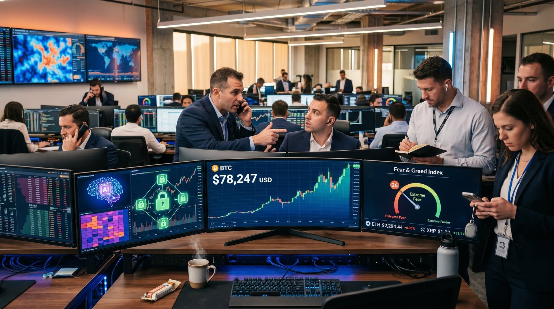 Digital dashboard showing BTC at $78,247 USD, Fear & Greed Index at 26, and crypto charts on modern trading screens