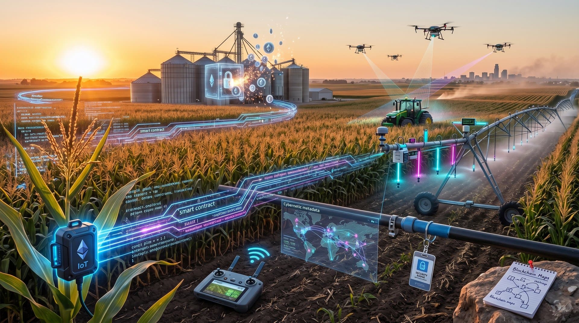 Ethereum smart contracts automating Nebraska corn supply chain with AI yield data and blockchain traceability