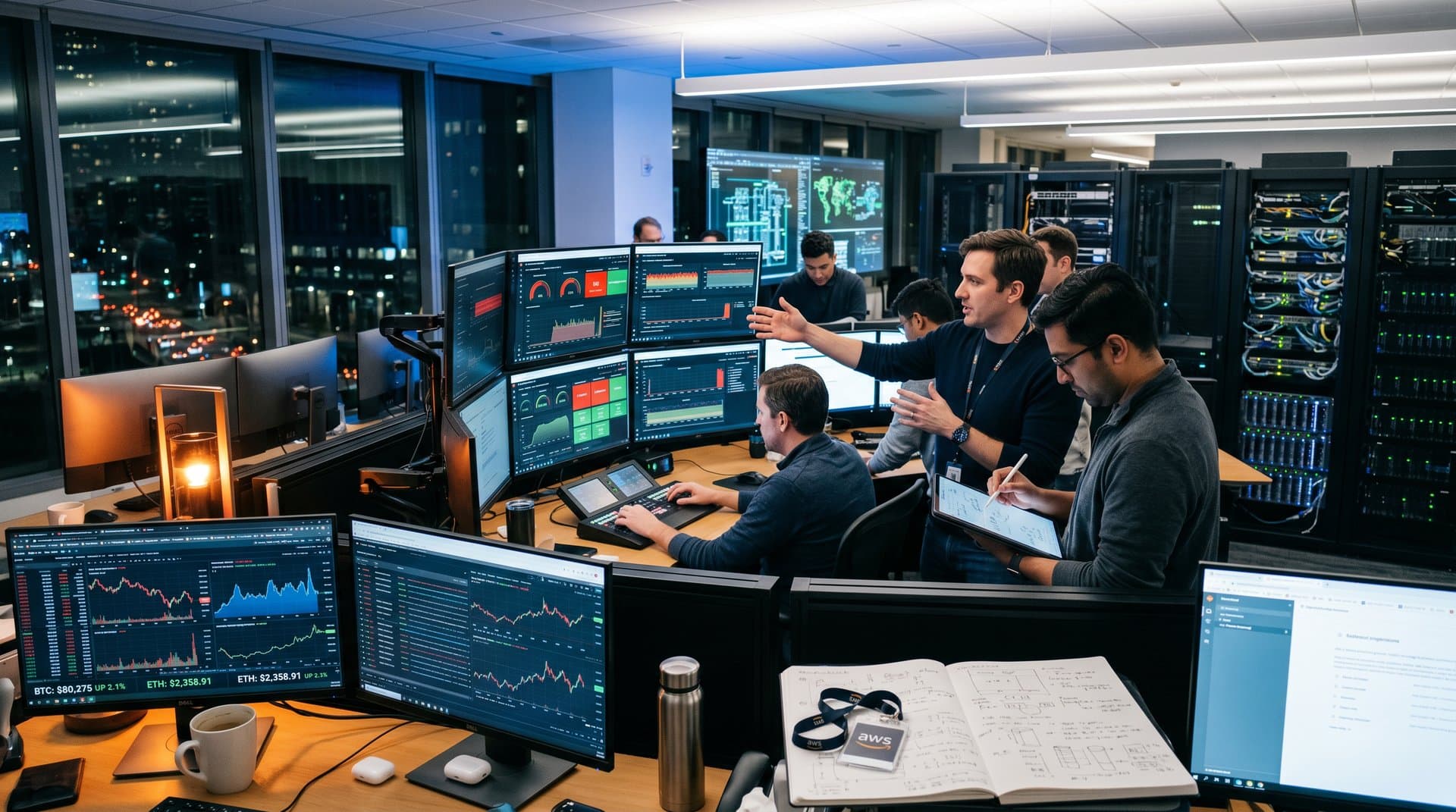 AWS data center screens show SageMaker capacity-aware inference metrics and server racks