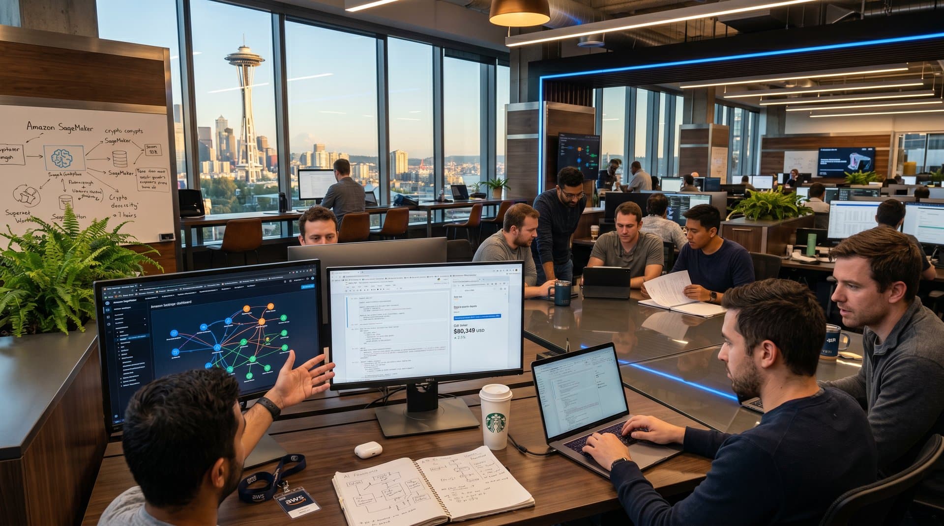 AWS engineers working on SageMaker agent workflows in modern office with multi-monitor setups and collaboration areas