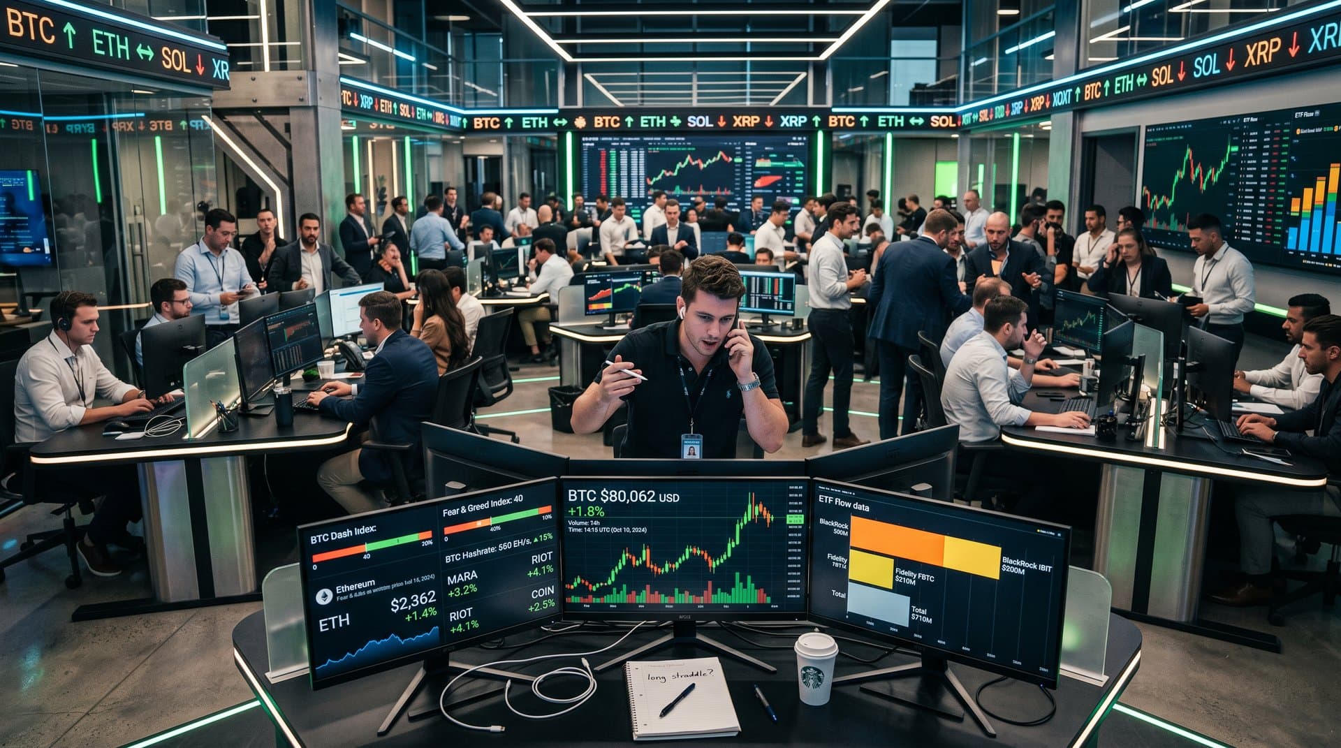 Screens showing BTC at $80,062 charts, ETF inflows, and crypto market data in modern trading setup