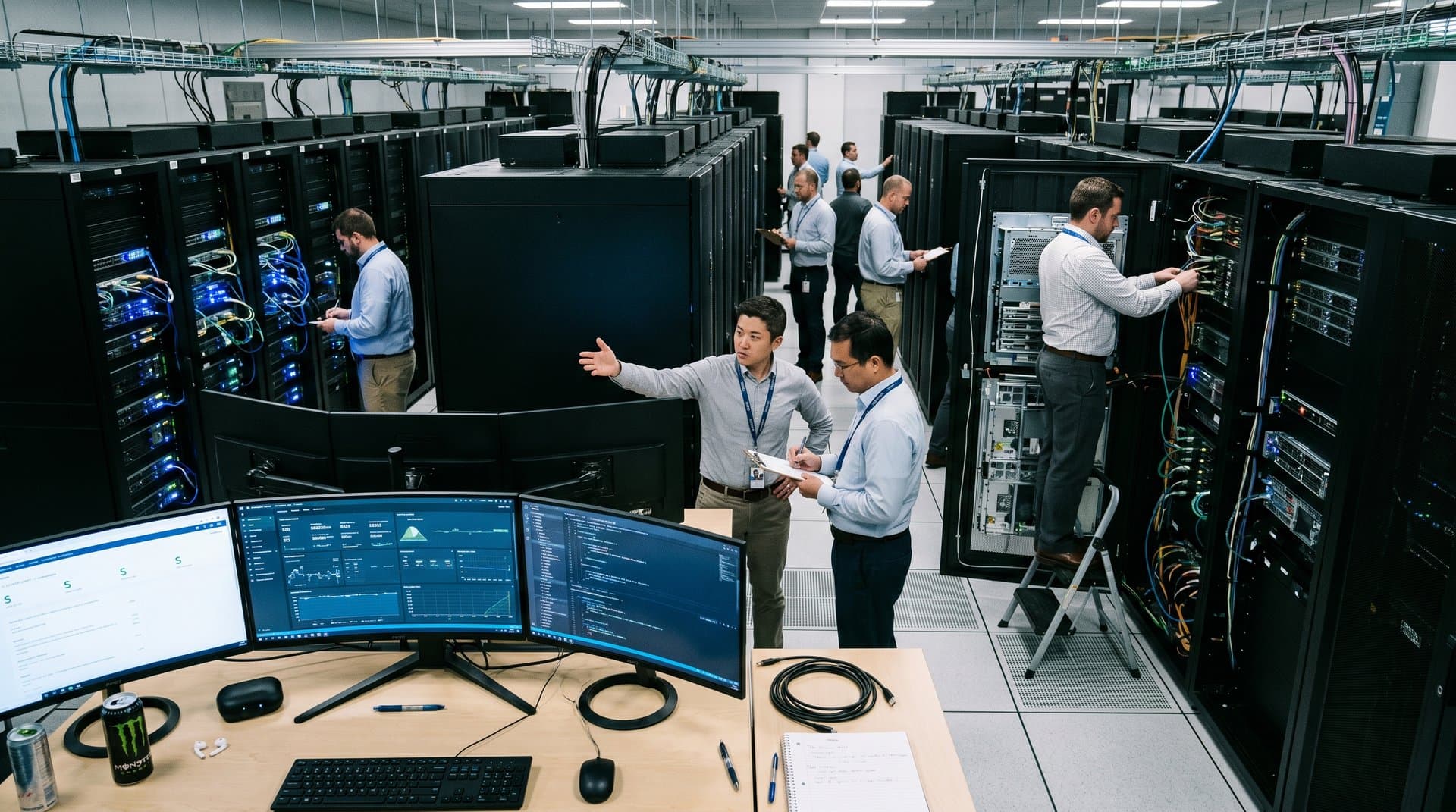 Server racks with Gaudi accelerators and Vertex AI dashboards in high-tech data center