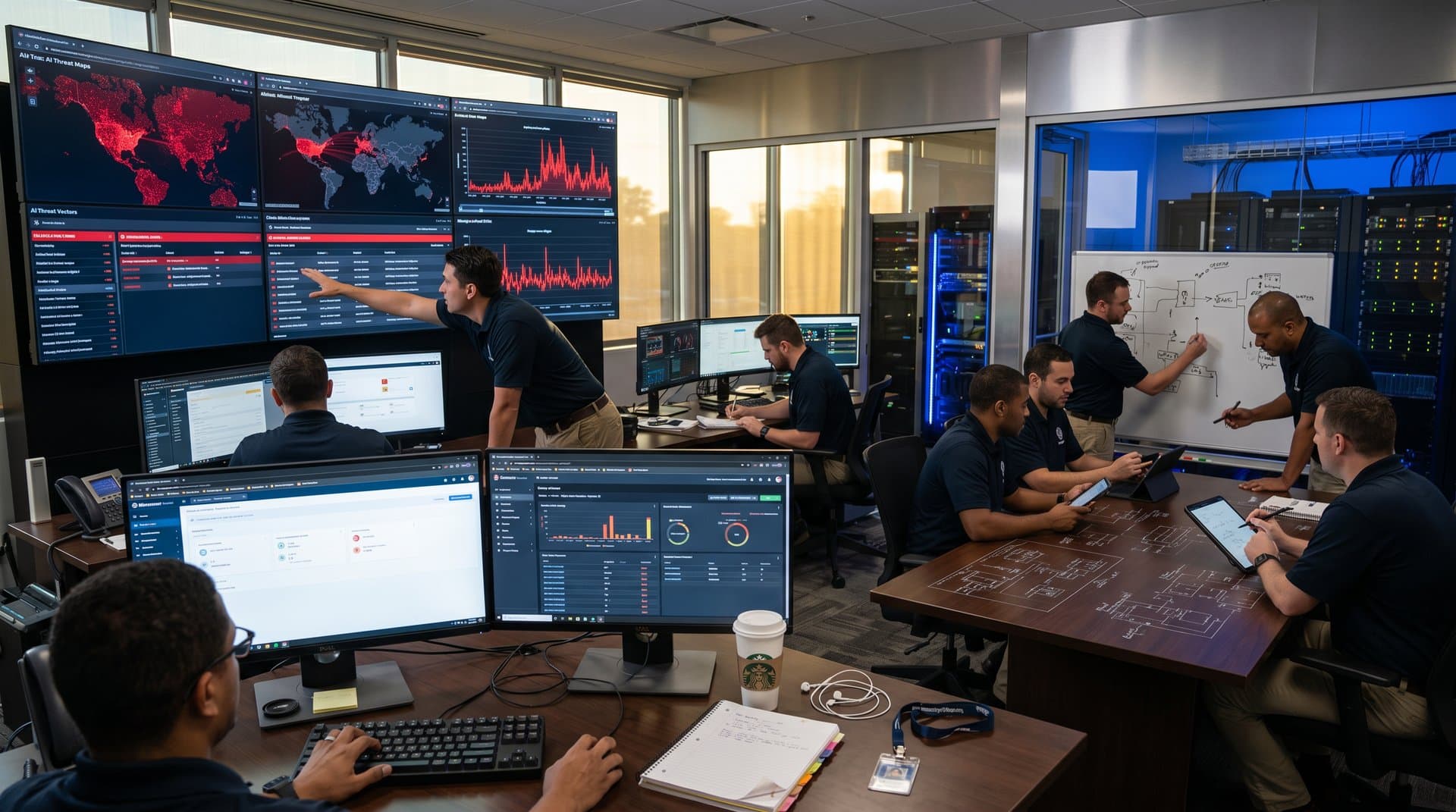 AI cybersecurity operations center with threat dashboards, analysts collaborating on cloud security visualizations