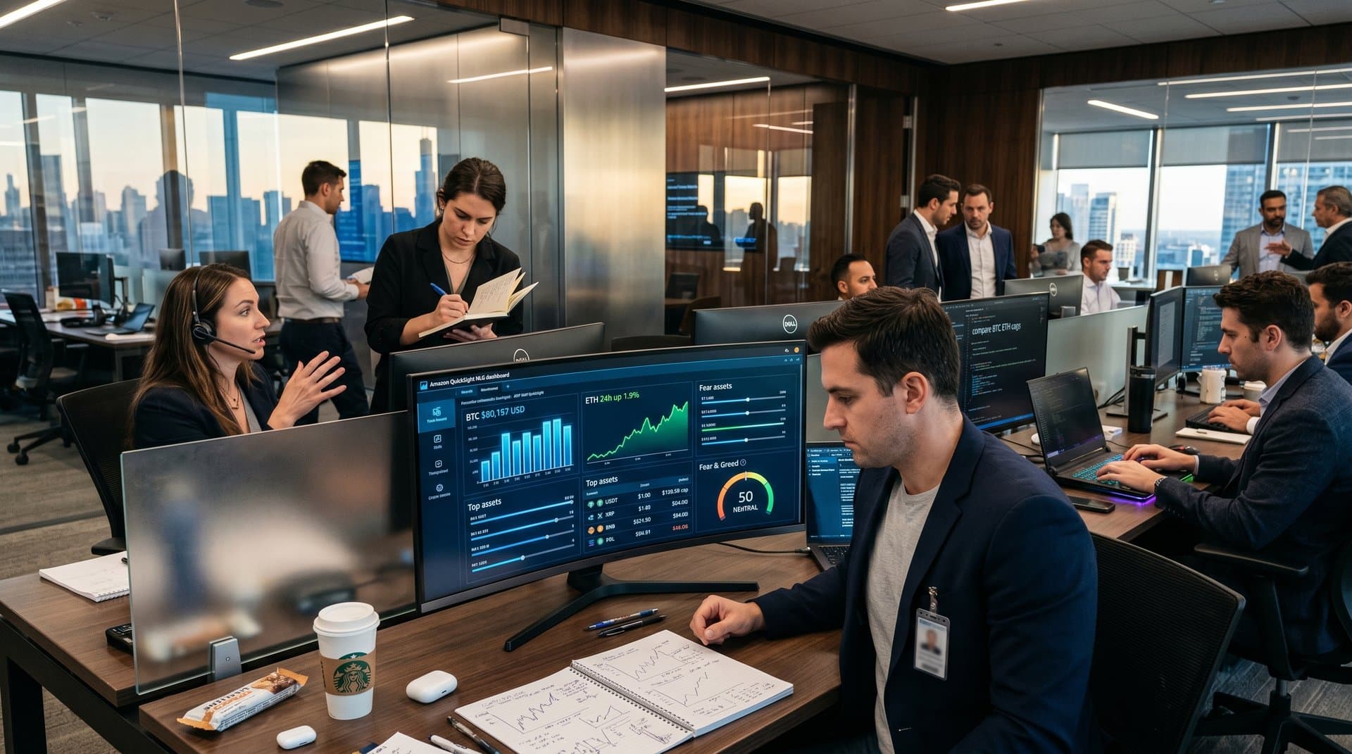 QuickSight NLG dashboard visualizing BTC and crypto market data on modern monitor