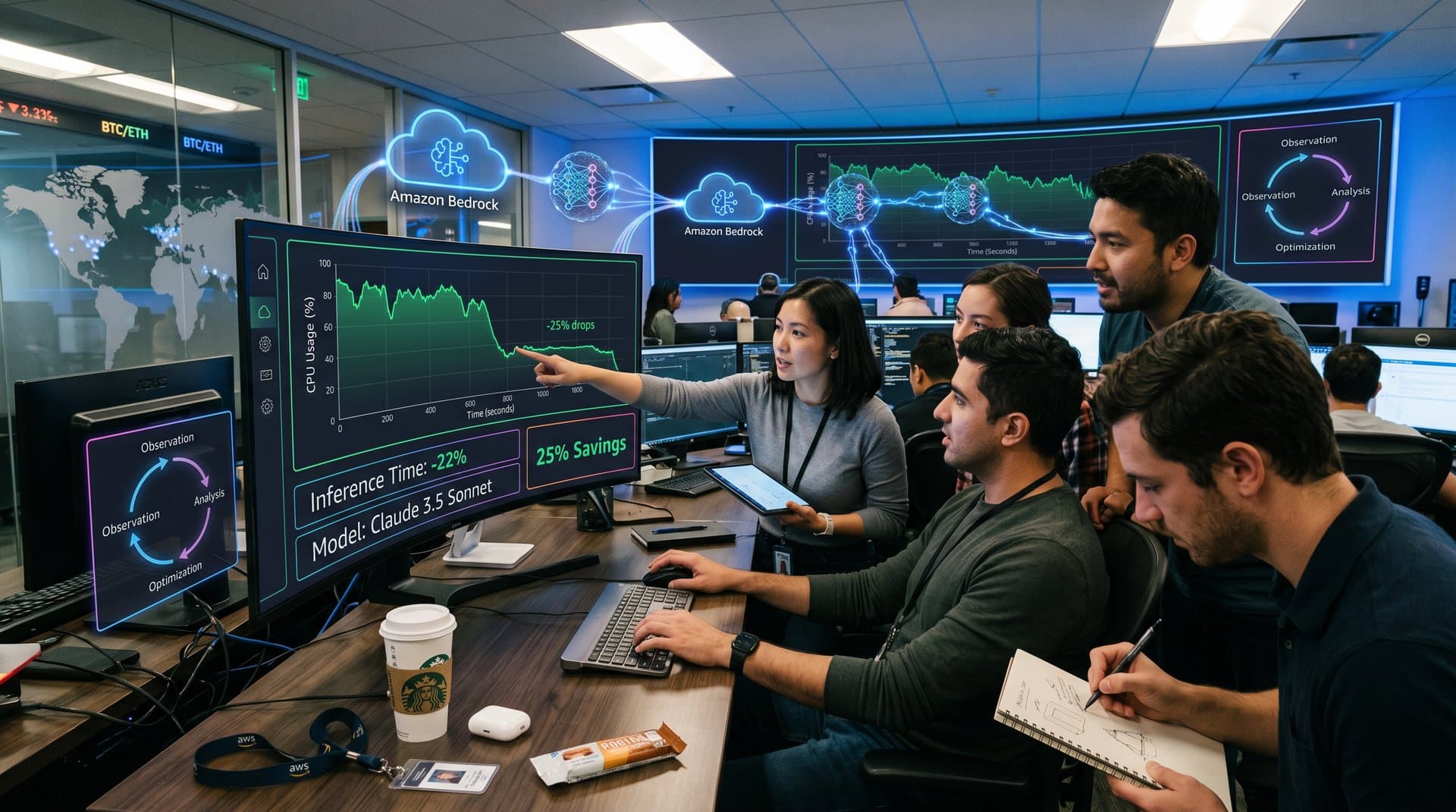 Dashboard showing AWS AgentCore Optimization metrics with 25% CPU reduction graph