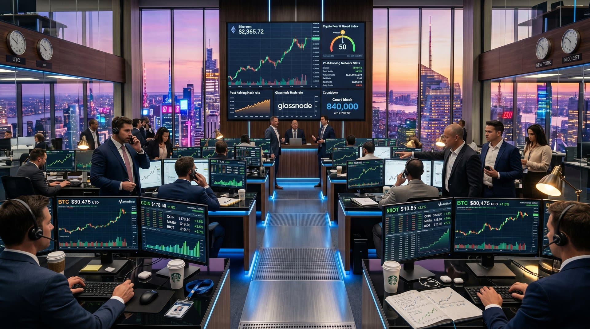 Traders analyze Bitcoin $80K charts on terminals amid post-halving cryptocurrency stocks screens