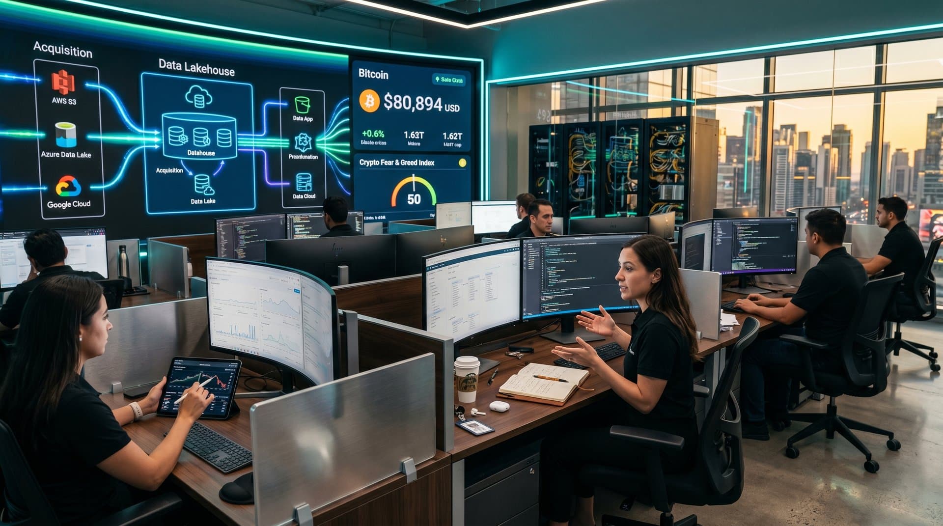 Traders analyze AI data lakehouse dashboards and BTC charts on multi-monitor setups in modern trading floor