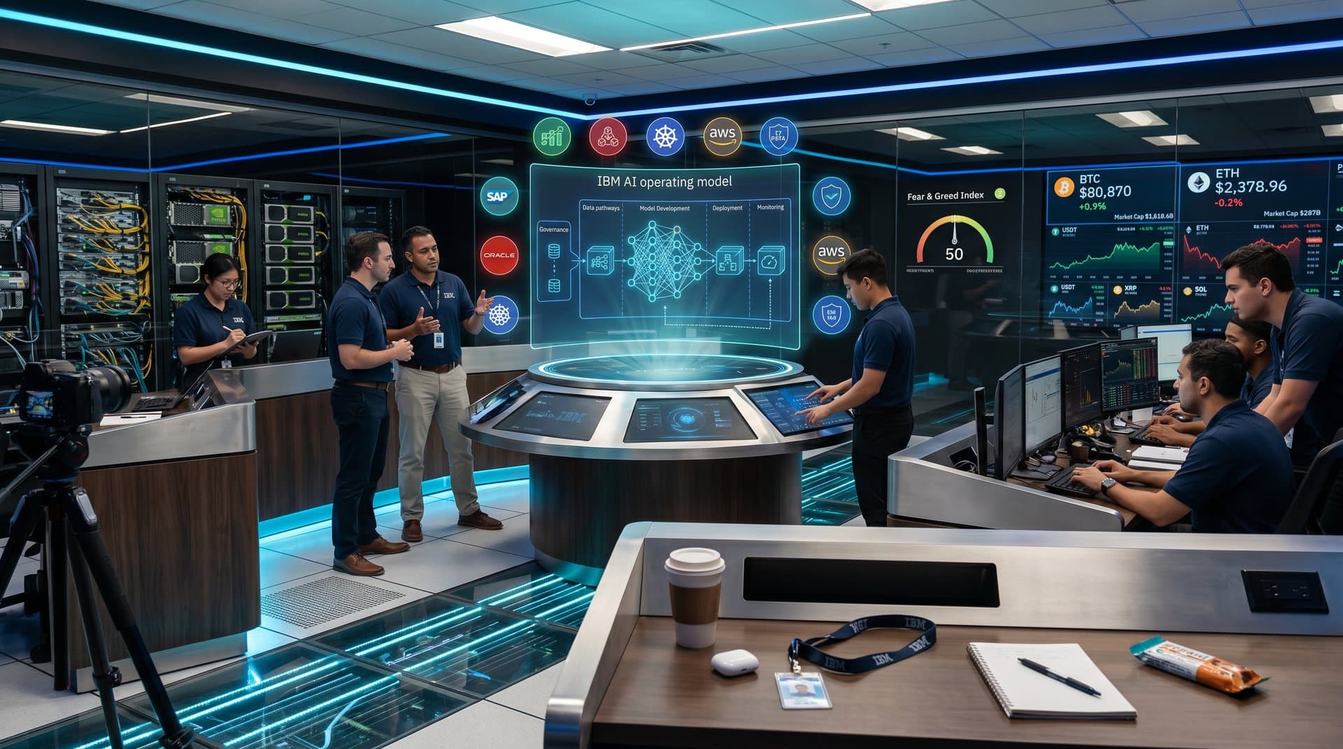 IBM Watsonx AI dashboards show operating model blueprint and BTC charts at $80k in high-tech center (84 chars)