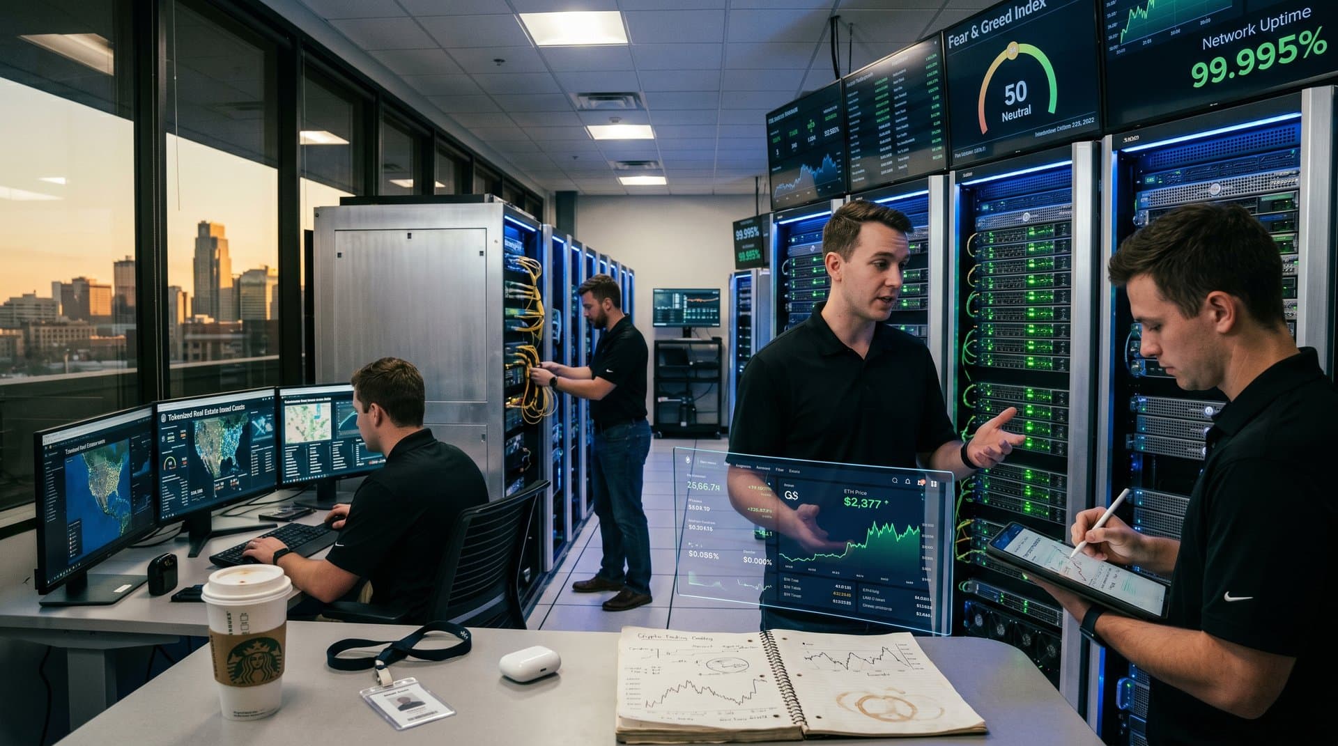 Omaha data center with servers, engineers monitoring blockchain dashboards for smart contracts