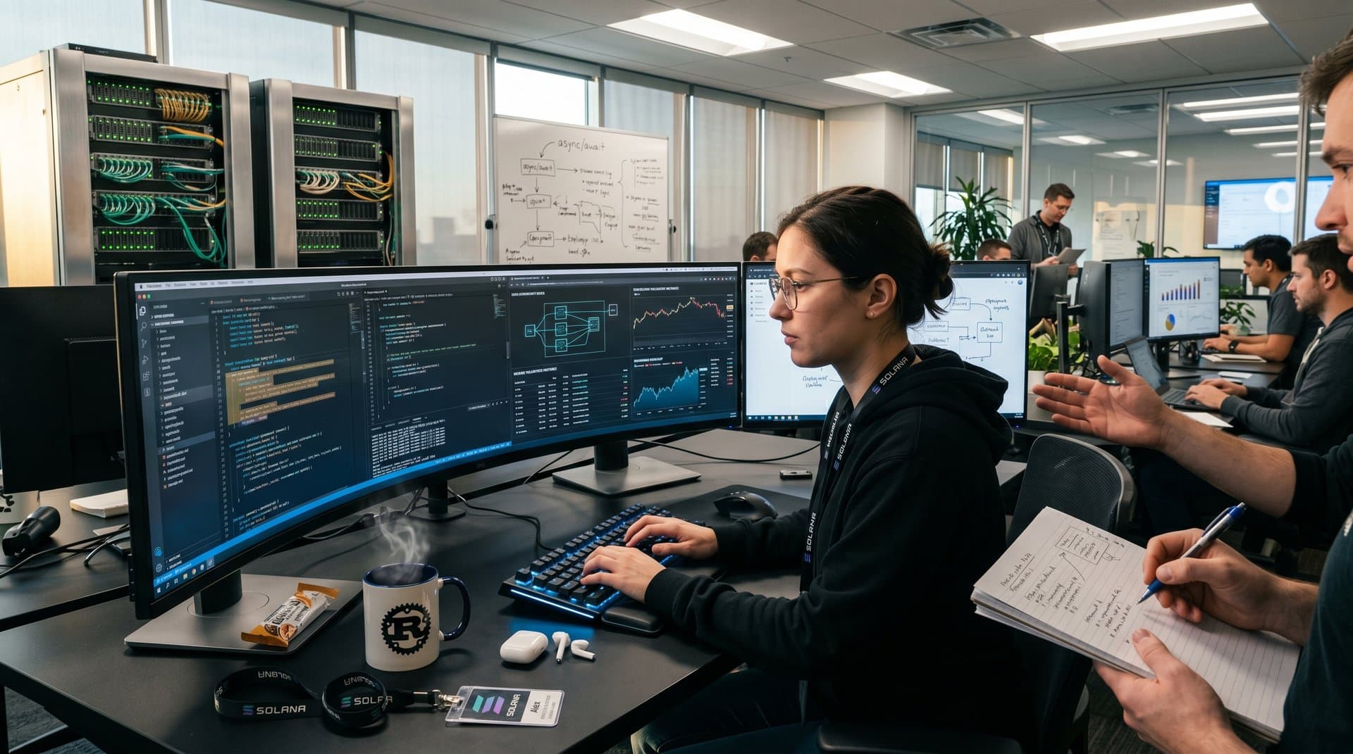 Developer screens showing Async Rust code, Solana diagrams, performance charts in modern tech workspace