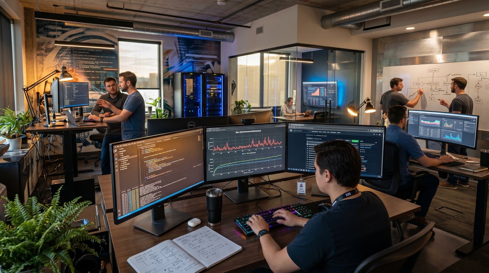 Developer coding Bun Rust port on multi-monitor setup in modern tech office with graphs and GitHub open