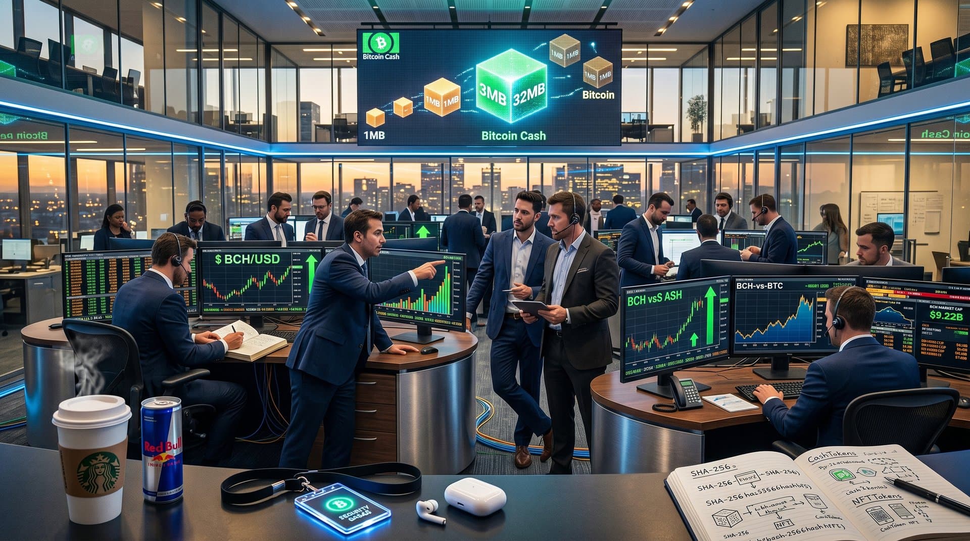 Trading floor screens show Bitcoin Cash price at $460 USD amid market charts
